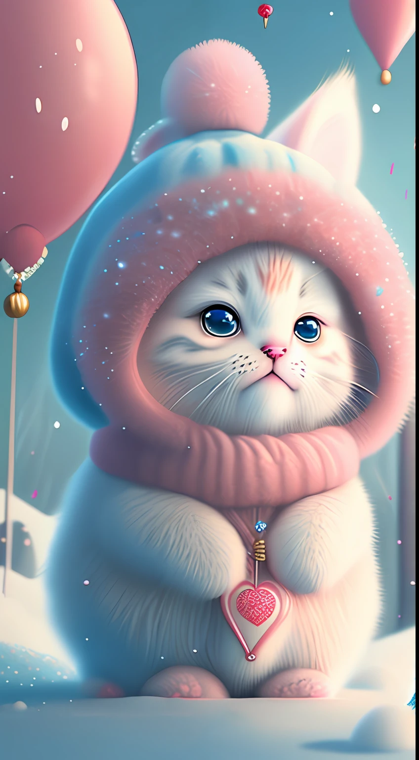 In this ultra-detailed CG art，Cute kittens surrounded by ethereal balloons，laughingly，blingbling，red colour，Best quality at best，A high resolution，Complicated details，fanciful，cute animal，Funny，Open-mouthed！！！，laughingly！！，To the right！！！