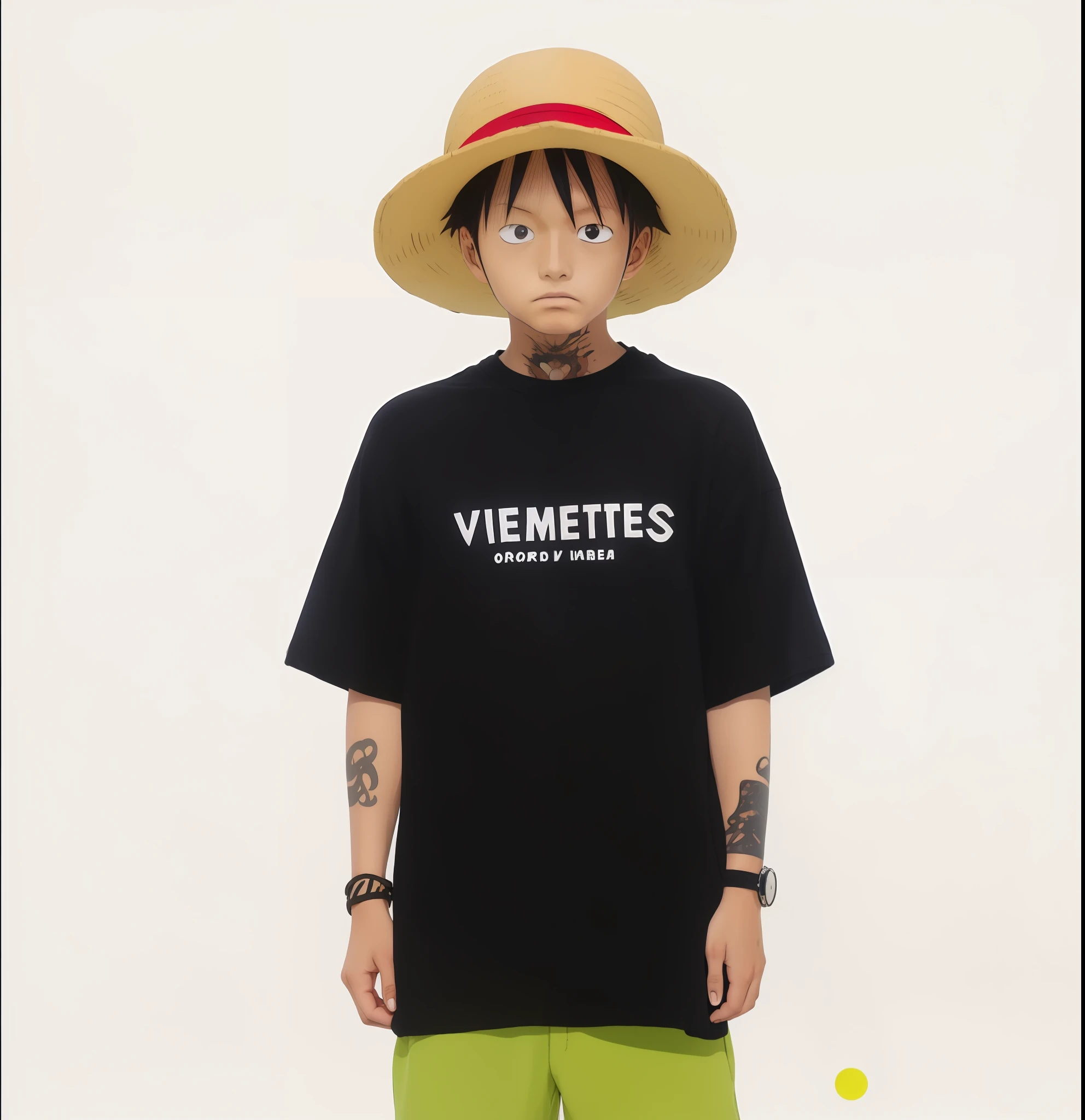 a man wearing a straw hat and a black shirt with the words viemetes on it, || very anime, official product image, inspired by Eiichiro Oda, one piece style, style anime, luffy (one piece, short sleeves, japanese streetwear, flat anime style, one piece artstyle, vetements, he is wearing a black t-shirt