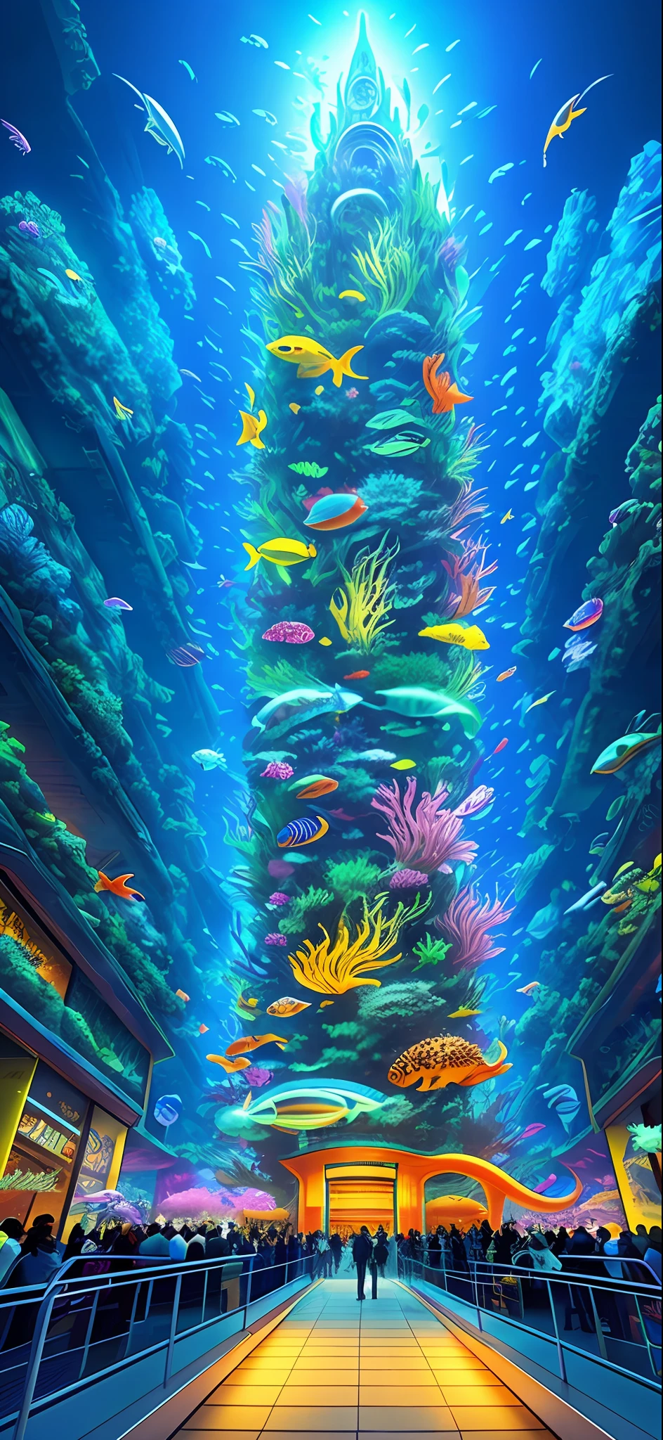 Epic fantasy concept, Modern transparent building at night,It is a huge aquarium containing marine life, Nice colorful light decoration, Wide shot, 8k 辛烷值渲染, Photorealistic, Cinematic lighting, detailed building, Detailed fish