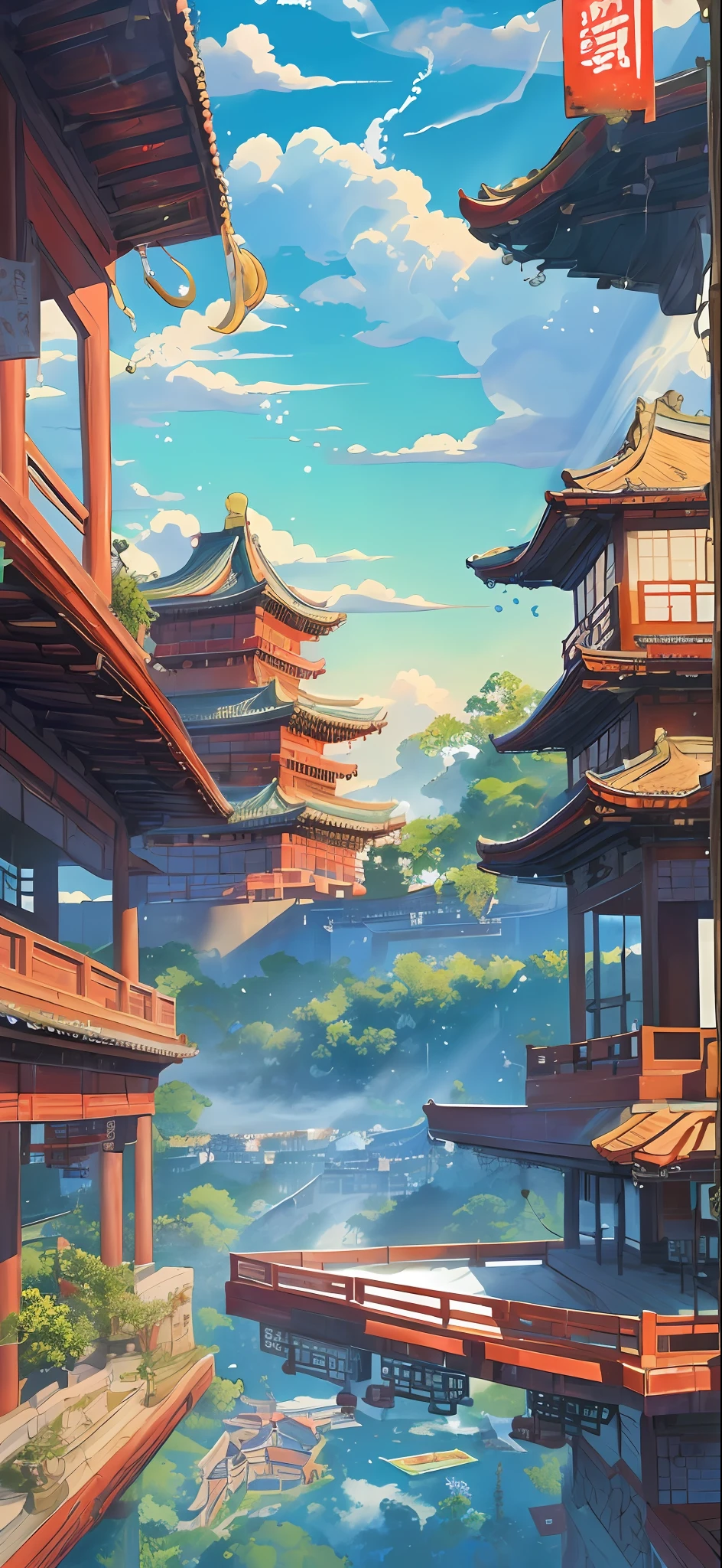 The game scene, the ancient Chinese palace is located above the clouds, surrounded by clouds and mist, majestic, glazed tiles, colorful rays of light, ((color ink)),((splash ink)),((splash ink) ink}) ), masterpiece, high quality, Refined graphics, high detail