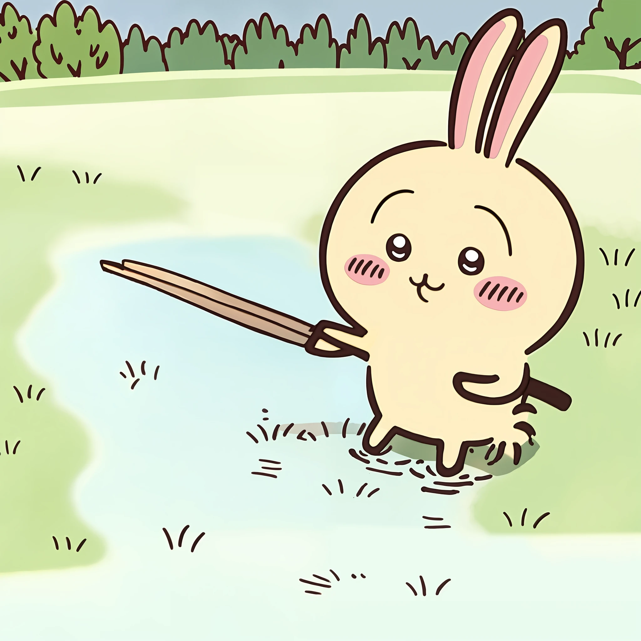 (Highest picture quality),(Master's work), chiikawa\(a\), solo, standing, :3, the setting sun,grass,stream