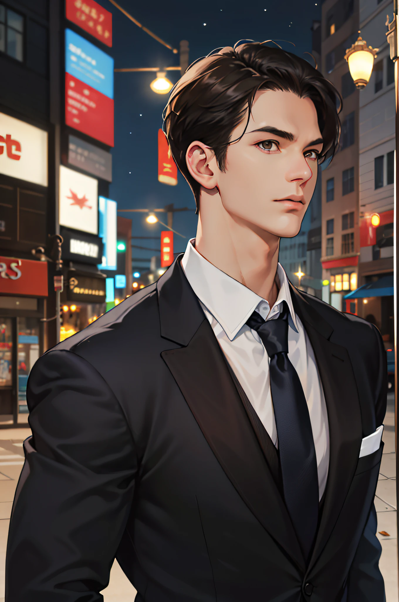 (absurdres, highres, ultra detailed, realistic, ), 1 male, solo, adult, mature, tall muscular guy, broad shoulders, handsome, very short hair, black hair, brown eyes, angular jaw, thick neck, thick eyebrows, night, dark, the night view of the city background, formal suit, necktie, upper body