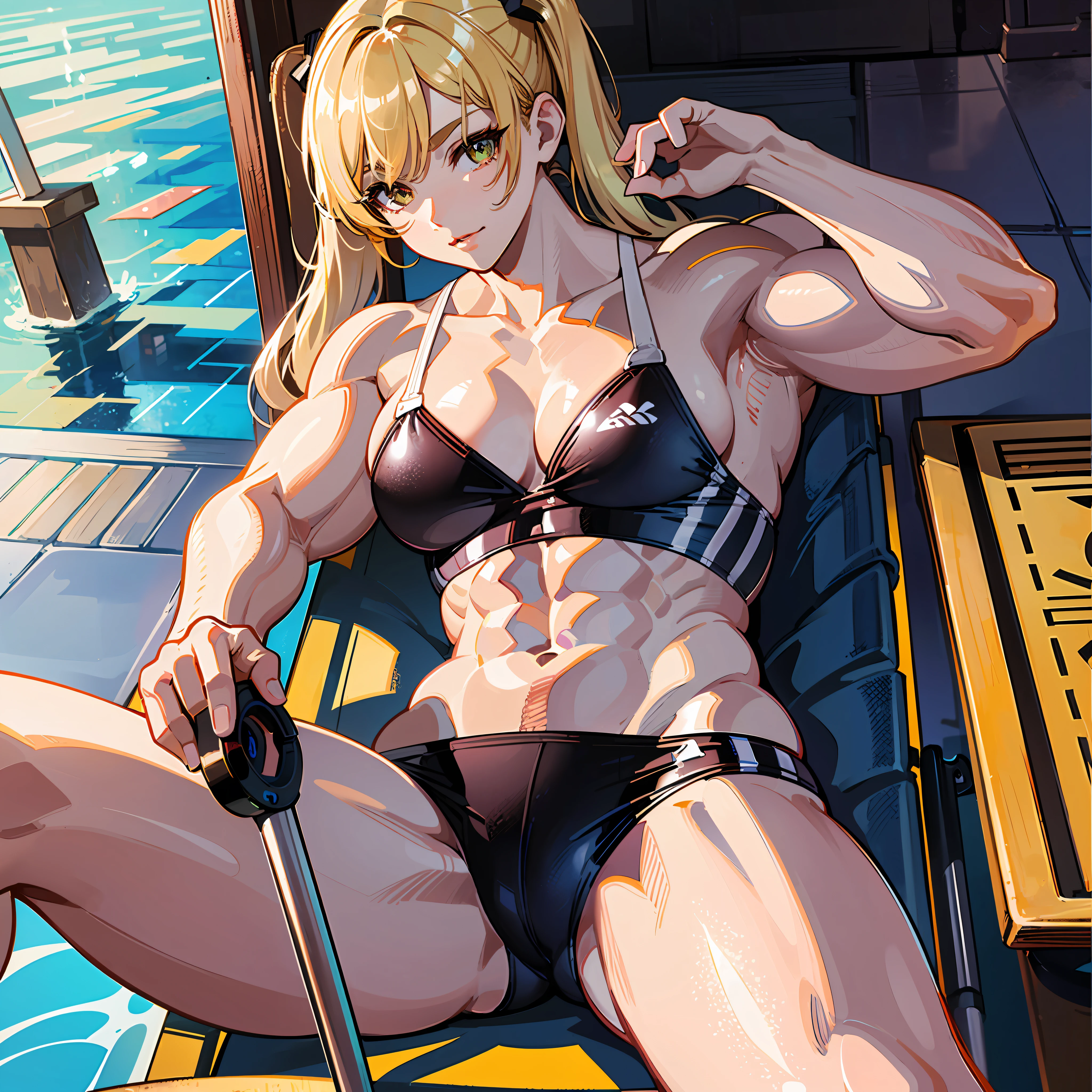 ((masterpiece))、((Top image quality))、((top-quality))、(((Illustration of one woman)))、(((Muscle Girl)))、full body Esbian、((30-years old))、((neuter))、((Blonde twintails))、Light golden eyes、((Long body))、(((Muscular and strong body)))、(((Muscular and strong body)))、((Split abs))、(((muscular and thick arms)))、(((muscular and thick legs)))、((manspreading))、((Sports Swimwear))、Sitting on a deck chair、in poolside