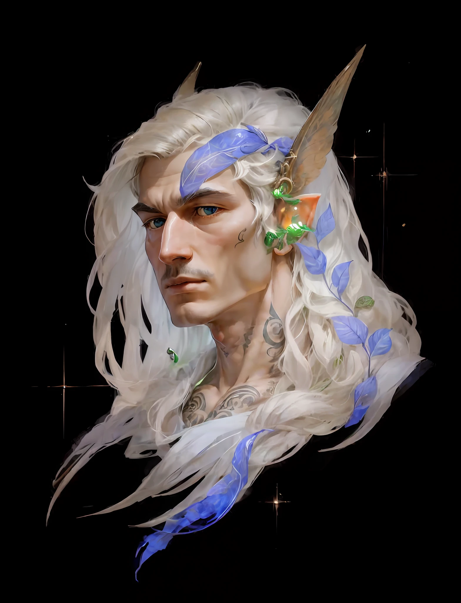The elf is a tall, slender and elegant being with long blonde hair and bright green eyes. On his fair skin, there are tattoos in the form of sigils of knowledge, which represent his wisdom and skill in magic. He is calm and serene, always watching closely what is happening around him. His presence conveys a sense of peace and tranquility, and his voice is soft and melodic. He is a dedicated scholar, always in search of new knowledge and mysteries to unravel. --auto --s2