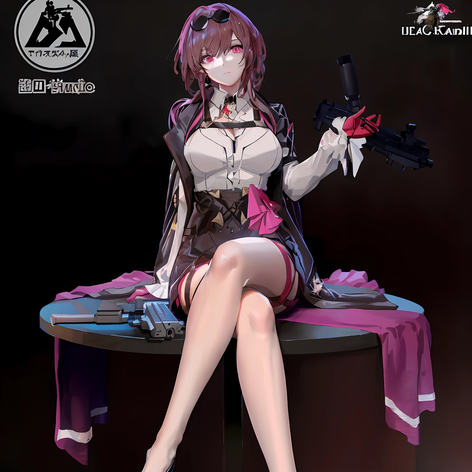 Arafed woman, sitting on a table with a gun and wearing a pink dress, M4 Sopmod II Girls on the Front Lines, fine details. girls frontline, from girls frontline, ( A very detailed figure ), girls frontline cg, 8k octae render photo, girls frontline style, mechanized soldier girl, 8k high quality detailed art, female action anime girl, Кафка из Honkai Star Rail