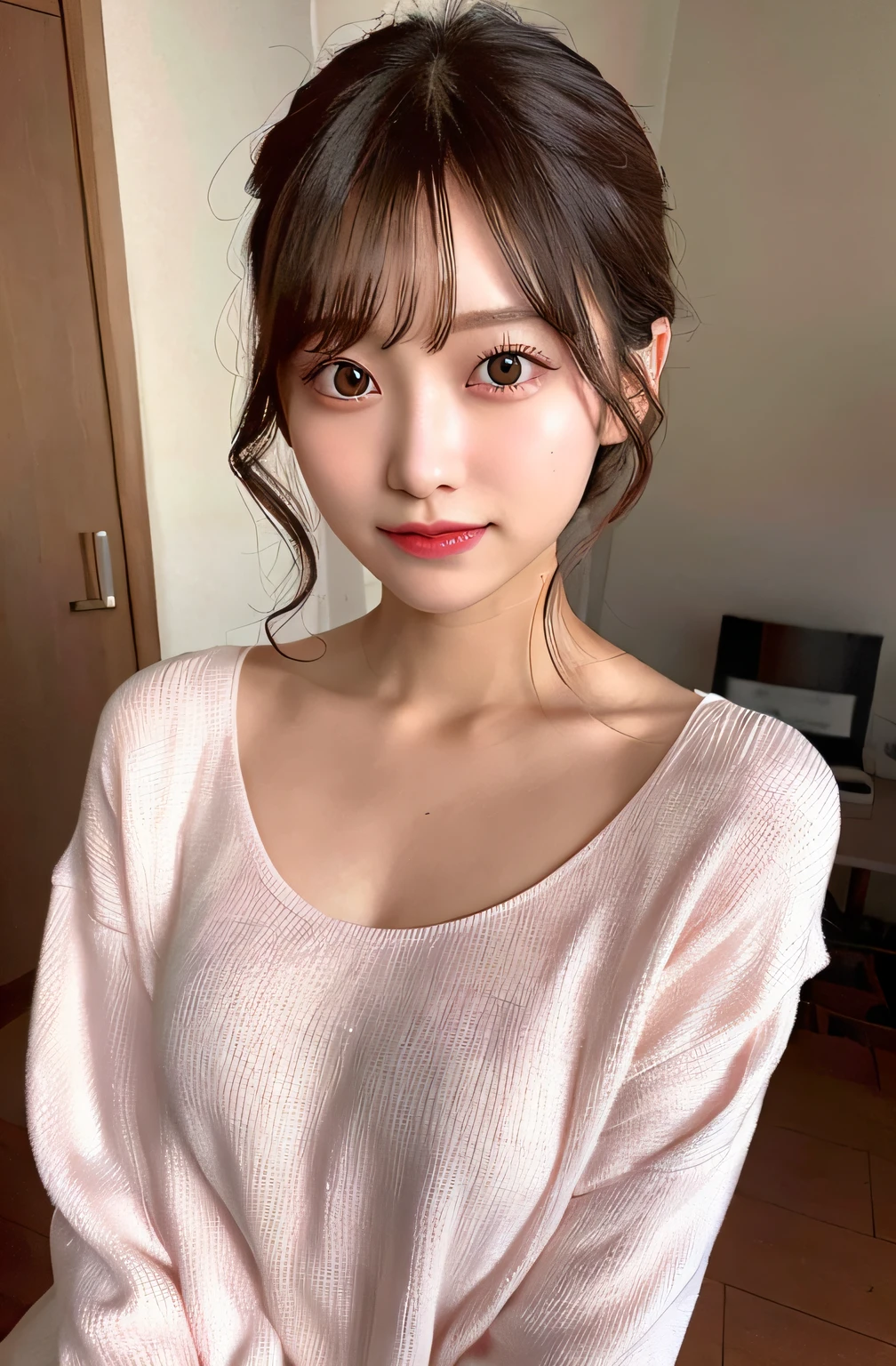 Beautiful woman with gentle and attractive Japan, half-body photo, delicate and sexy collarbone, attractive plump face, double eyelids, smart sagging eyes, pink lips, small upturned nose, small breasts, bare shoulders, concentrated face, face close-up, super high definition, very detailed and elegant appliqué cotton jersey sweatshirt is made from cotton jersey, It is characterized by a loose and languid silhouette.