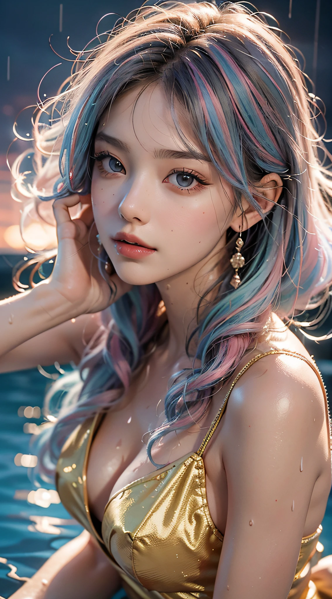 (best qualtiy,4K,tmasterpiece:1.3),Beutiful women,hyper realisitc,1girll,,sit-ups:1.1,dark brown hair:1.1,(Wet rain,Rain wet 0),Super detailed face,Detailed lips,Detailed eyes,二重まぶた,Side posture,poolparty,lying at the pooledge,golden transparent dress,Blue and pink hair,the sunset