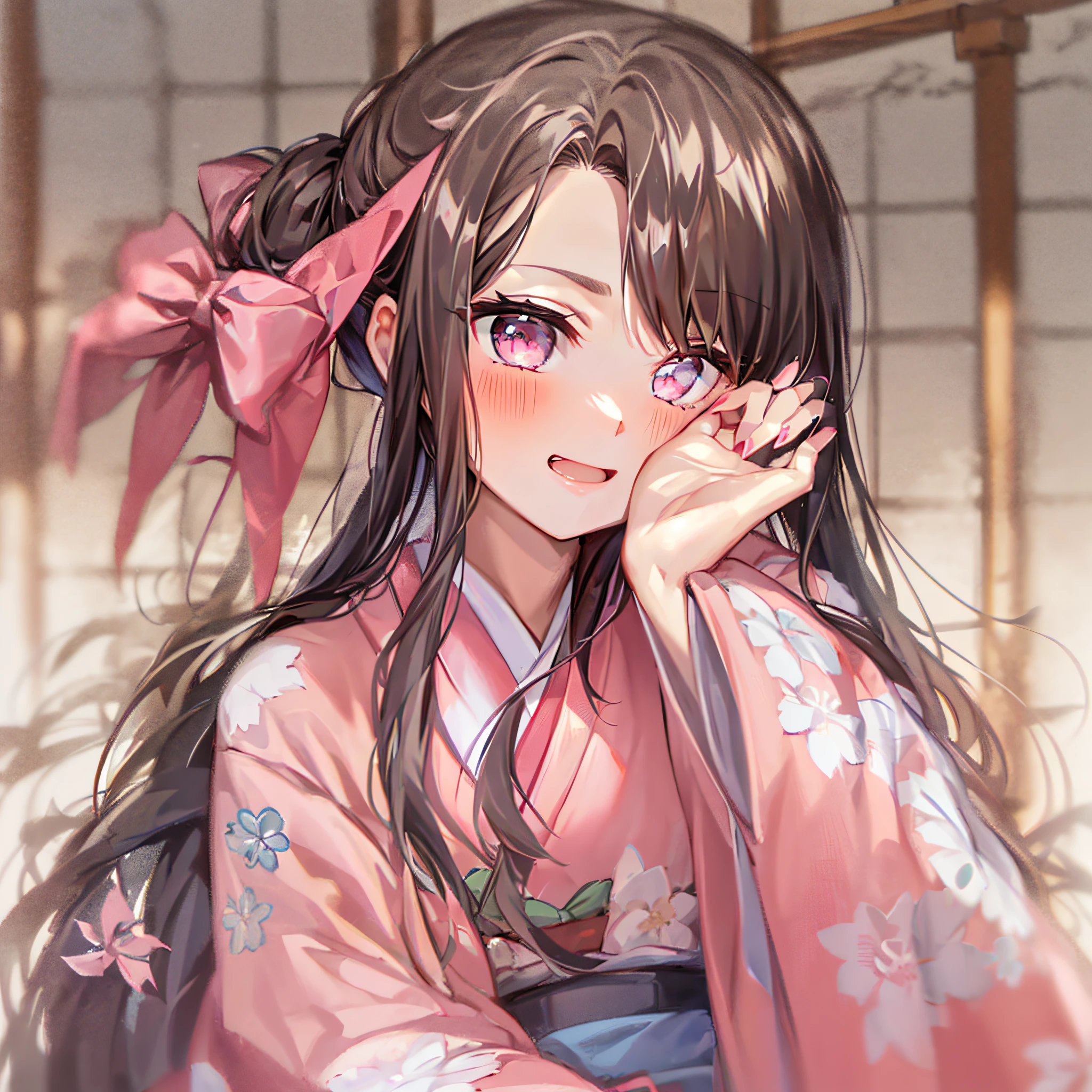Kamado Nezuko, bit gag, Gagged, 1girl in, A dark-haired, Mouth closed, brow, Hair Ribbon, Komono, Kimono, The long-haired, O cabelo multicolorido, Pink eyes, Pink kimono, Pink Nails, Pink ribbon, bow ribbon, simple background, A smile, 独奏, Very long hair, Beautiful old Japan townscape, ((masterpiece)), Chewing bamboo to the side,
