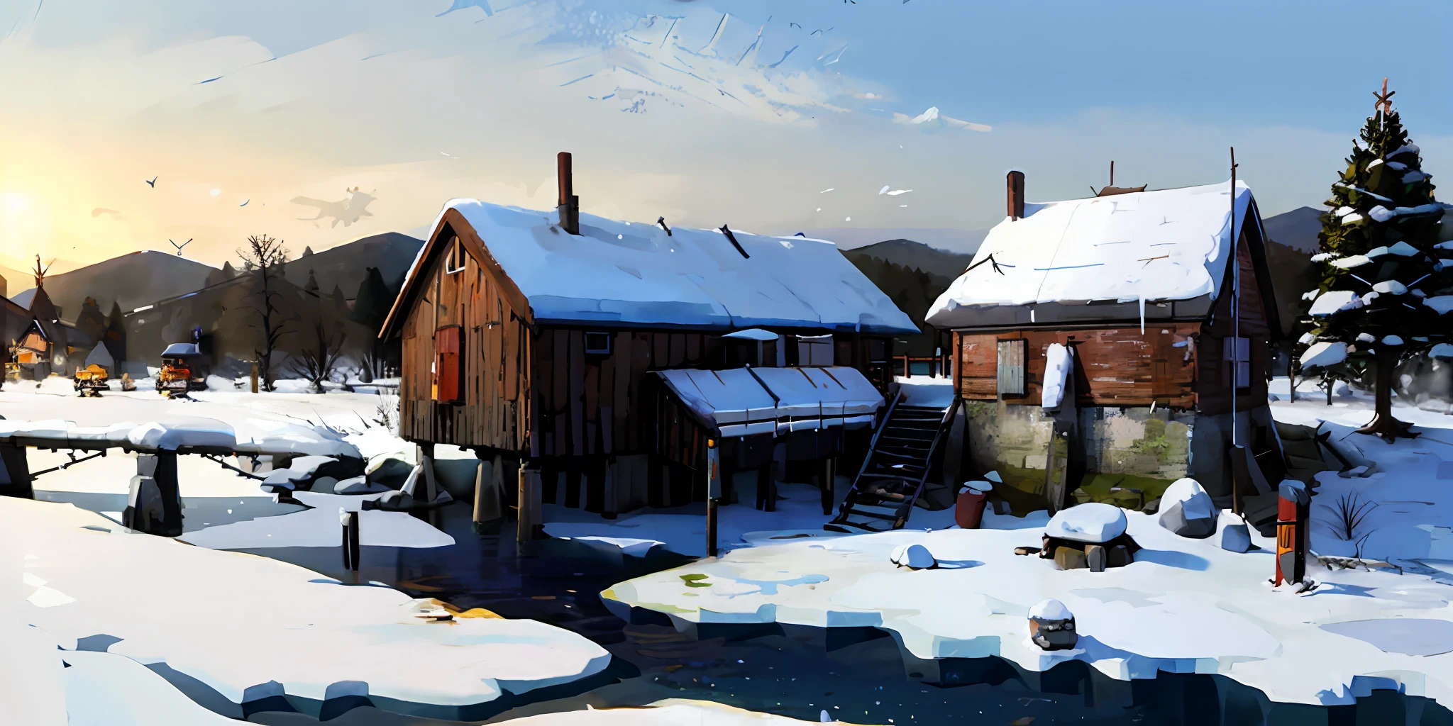 watercolour，Small bridges and flowing water，Lodge，There is snow