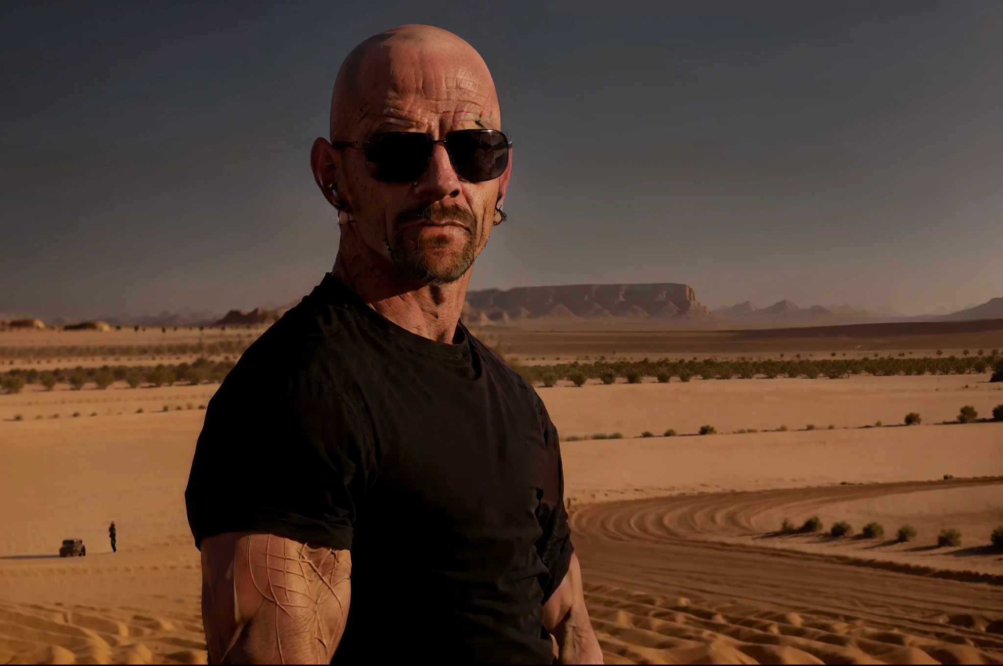 arafed man with sunglasses and a black shirt standing in a desert, inspired by Daryush Shokof, dominic toretto, kane from command & conquer, muscular bald man, bald with short beard, bald head and menacing look, vin diesel with a tummy, vin diesel, no hair completely bald, masterpice, adar darnov