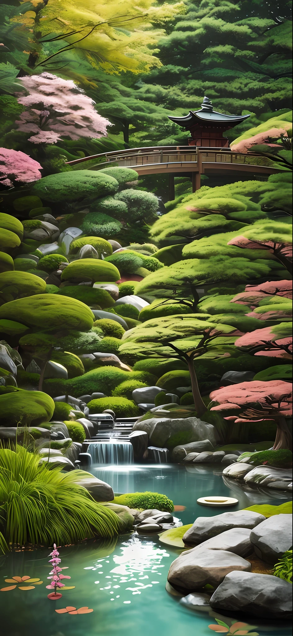 japanese dwarf pine, (ikebana:1.1), japanese pond and garden on background, by charlotte grimm, japanese garden, sci-fi, cyberpunk, intricate, highly detailed, digital painting, artstation, illustration, art by artgerm and alphonse mucha, vibrant volumetric lighting