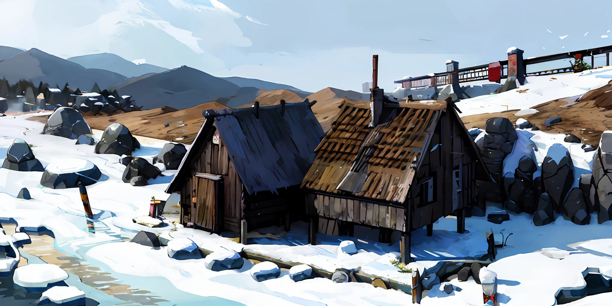 watercolour,Small bridges and flowing water,Lodge,There is snow
