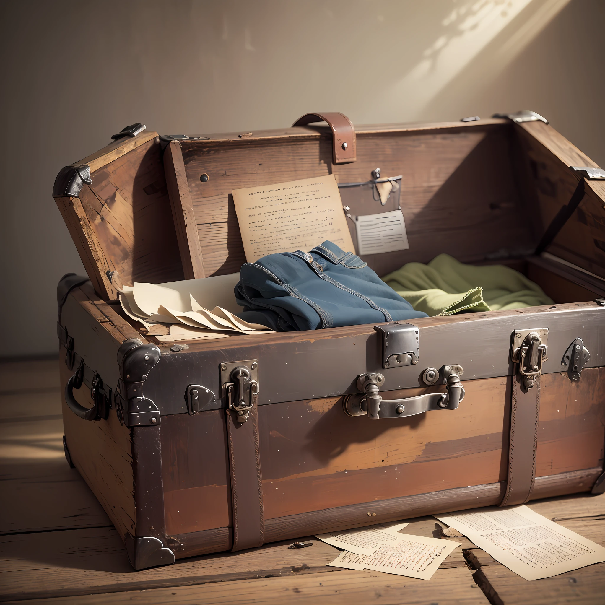 photograph depicting the discovery of old clothing in an old trunk found under a bed. The trunk should be represented as an antique piece, with worn details and vintage ornaments. Emphasize the details of the old garment, showing its faded state, wrinkled fabric, and possible patches or tears. Use earthy, worn tones to convey a sense of antiquity. Scene lighting can be soft, with light coming in from a nearby window, enhancing the mystery and nostalgia of discovery. Around the trunk, insert elements that reinforce the vintage atmosphere, such as old photographs, letters or other related objects. 50mm lens. f/1.8. --auto --s2