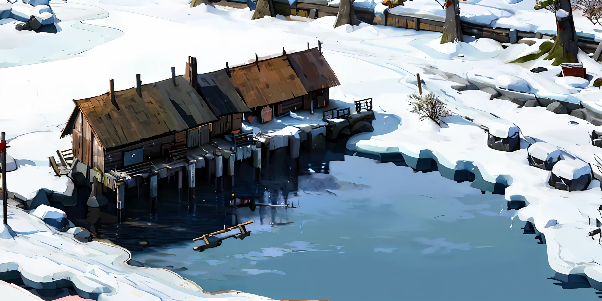 watercolour，Small bridges and flowing water，Lodge，There is snow