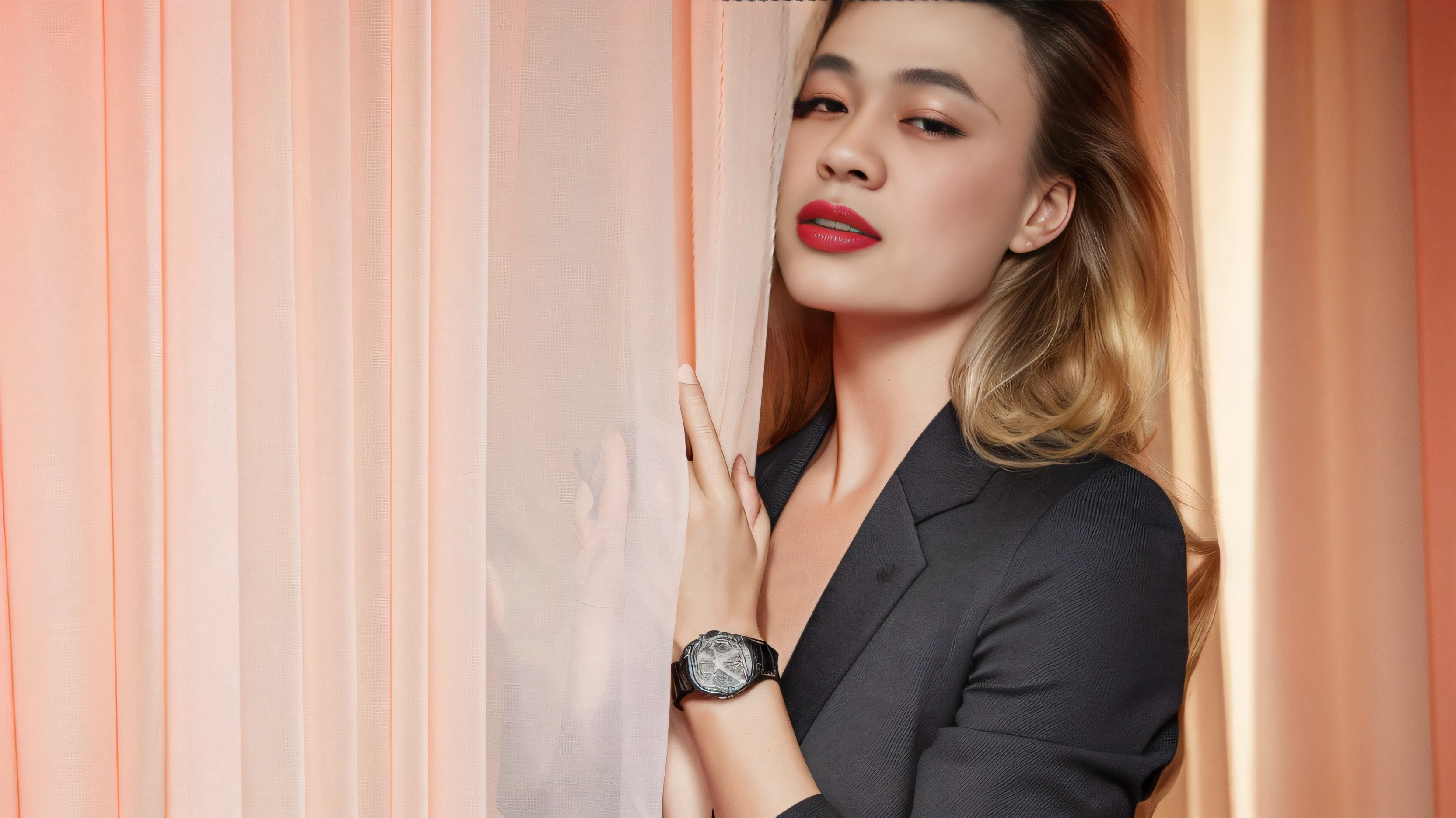 Blonde woman in black suit leaning against transparent curtains,Wear a watch on your wrist, Portrait of Margot Robbie, Margot Robbie, margot robbie portrait, Photo of Margot Robbie, Neon operator Margot Robbie, Margot Robbie face, Alexandra Valishevska, author:Emma Andievska, swarovski, author:Matthias Koroth, 《Grand Theft Auto V》Margot Robbie, Pretty Margot Robbie vampire