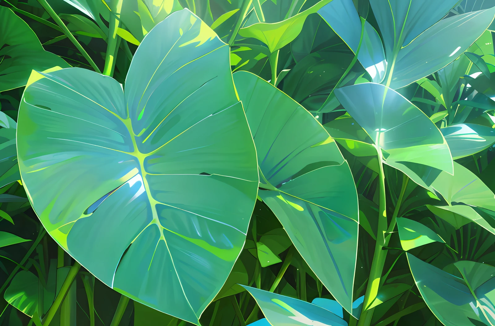 There are two large green leaves，facula，rays of sunshine， large leaves and stems, Lush big breasts,rich details​