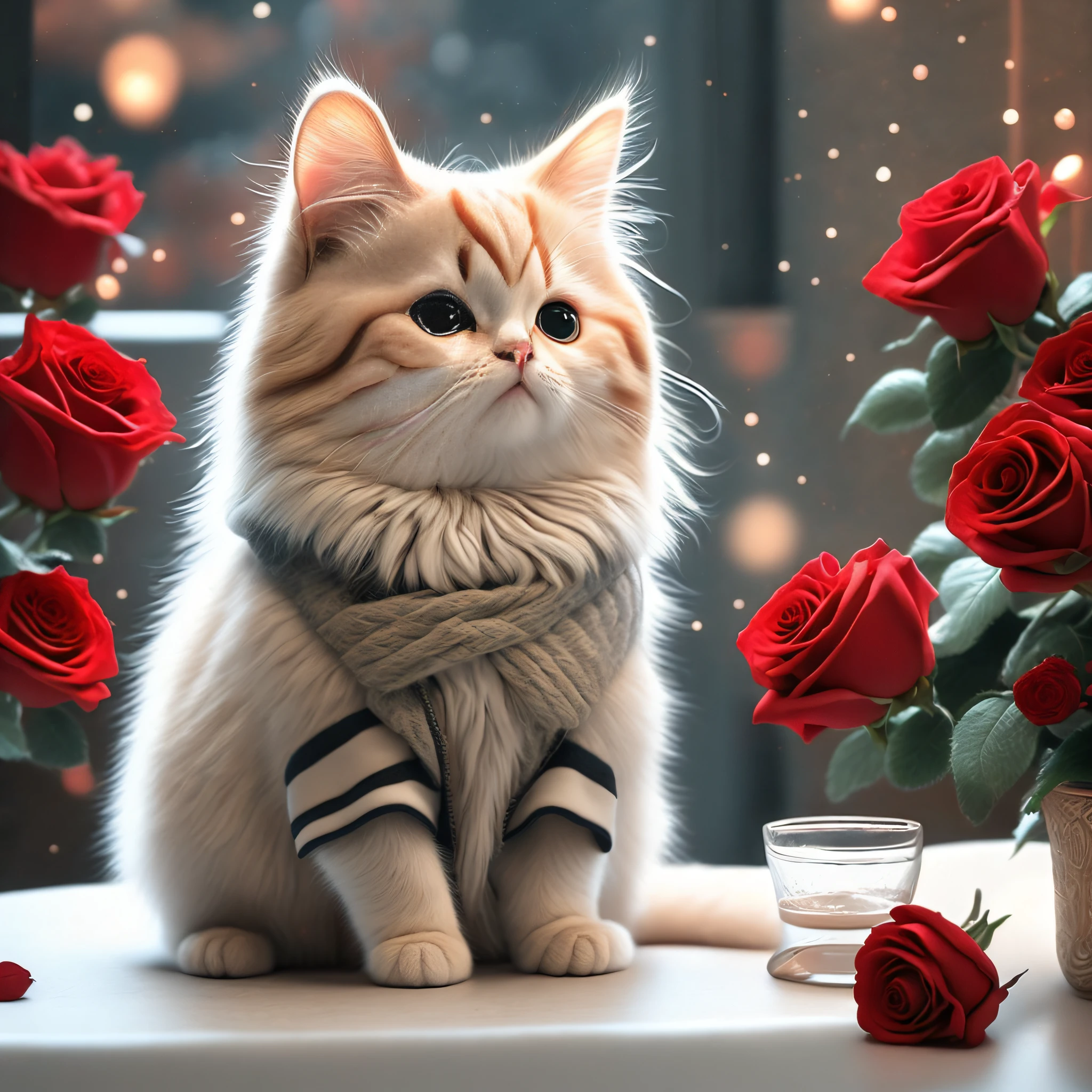 This cat squats inside the café。Red roses on the background。Very pleasant licking of his hair。 --auto