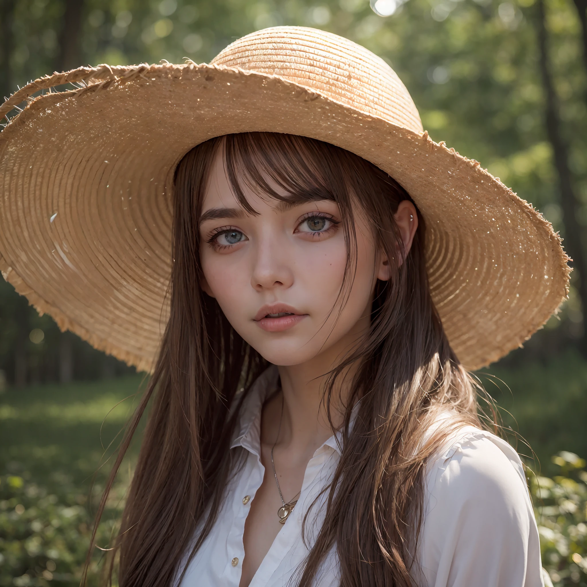 France Irish Girl model,Straw Hat, Cinematic lighting, Portrait View, shadow, UHD, Masterpiece, Forest Background,Rough Skins,Emo Hairstyle, Jewelry, Full HD,