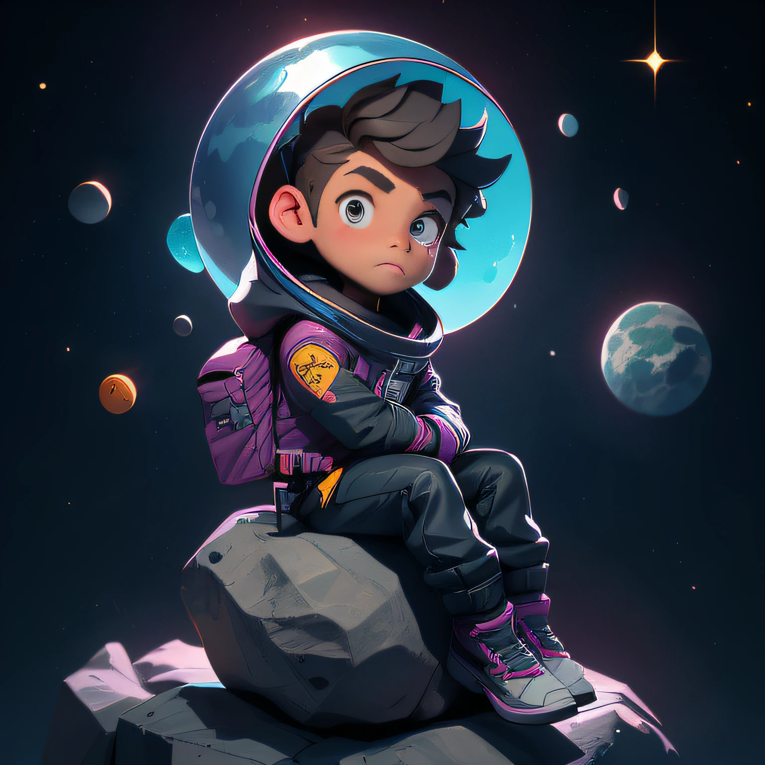 3dcharacter,outfit,(full body:1.2),simple background, masterpiece,best quality,(gradient background:1.1),1man, Draw a young programmer, sitting on a research platform floating in the middle of an asteroid belt