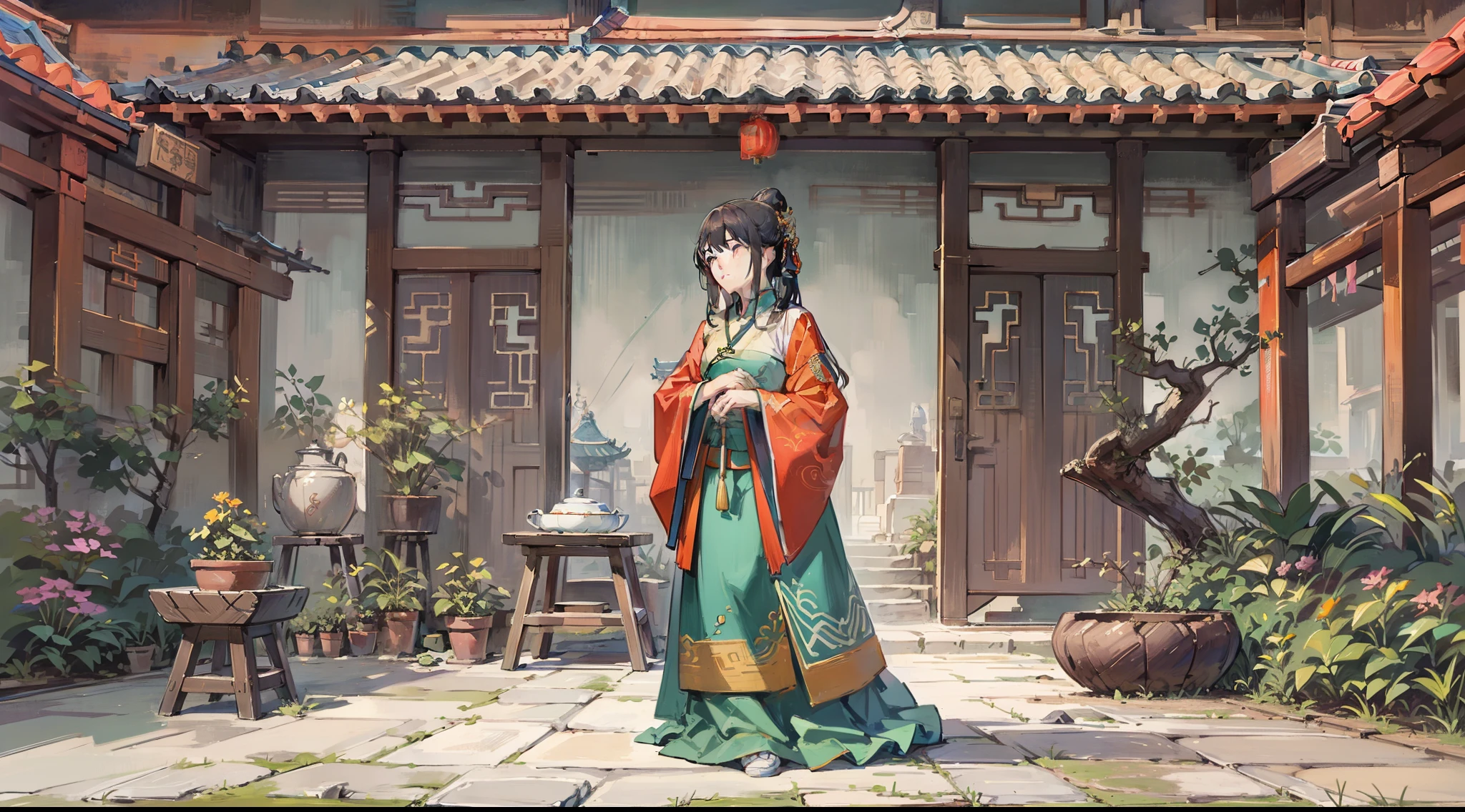 (((tmasterpiece))), Best picture quality,hyper HD,Ancient China,zona rural,Quadrangle,At the entrance of the courtyard,A crying woman,Ancient Chinese peasant image,Saddened expression