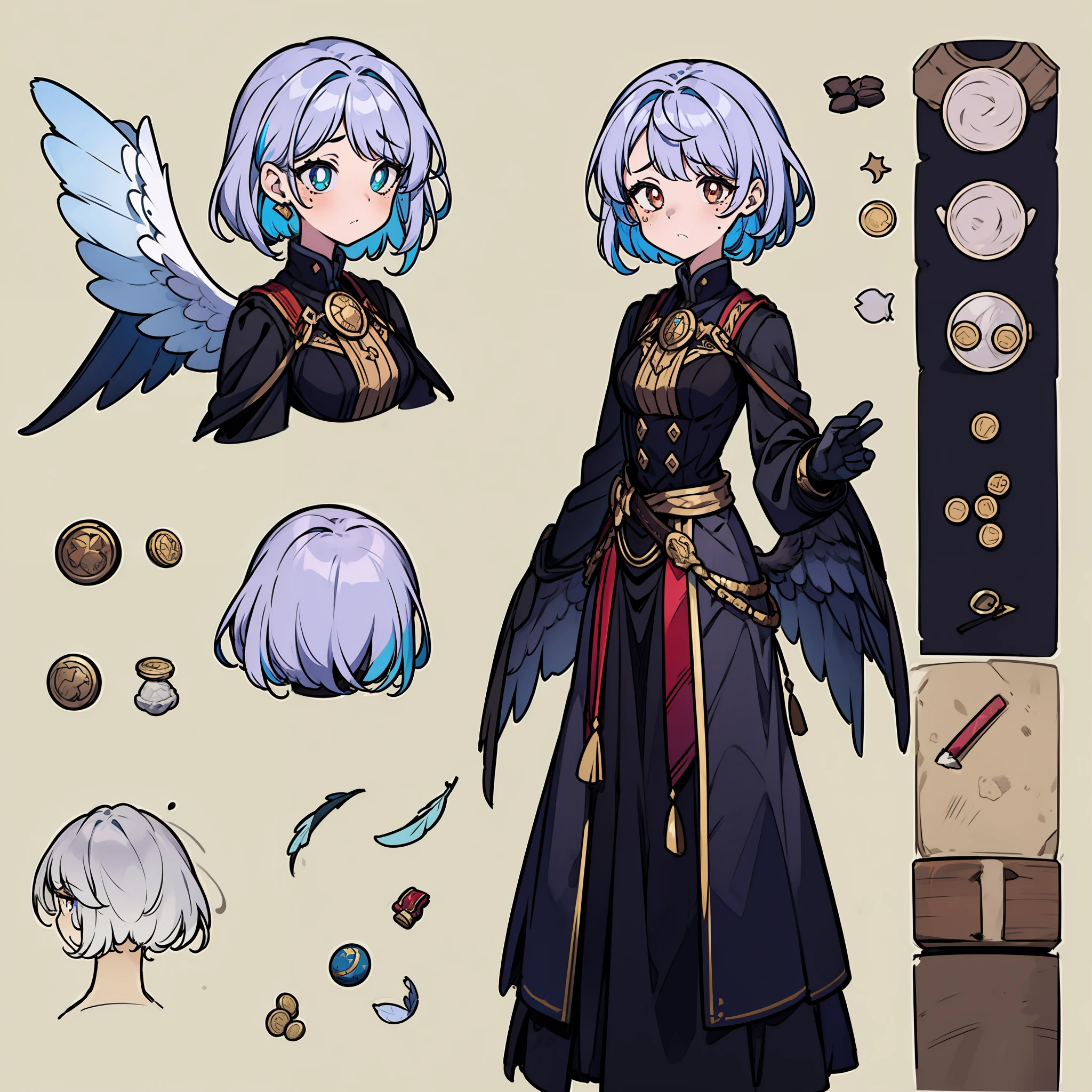 Colored hair, Girl, different pupil, Colorful wings, Wear a colored coin at the waist with white wings，There are colored feathers at the end and ripe lacrimal moles，concept-art，concept art of character，Character sketches，reference sheet，Role table，（simplebackground，white backgrounid： 1.3)