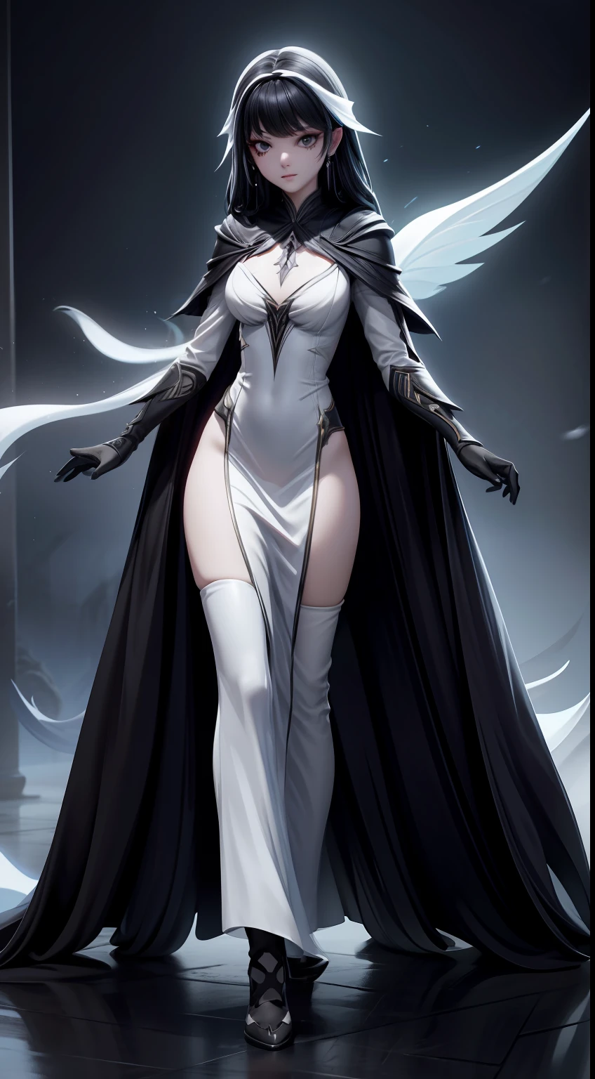 solo, super fine photo, full body photo picture Unreal Engine 5 8K UHD, beautiful girl, black hair, white thin dress, female ghost, banshee, black eyes with black tears, flying ghost, fantasy theme, fantasy design, beautiful make up, best quality, masterpiece, unified 8k wallpaper, super detailed, sharp focus.