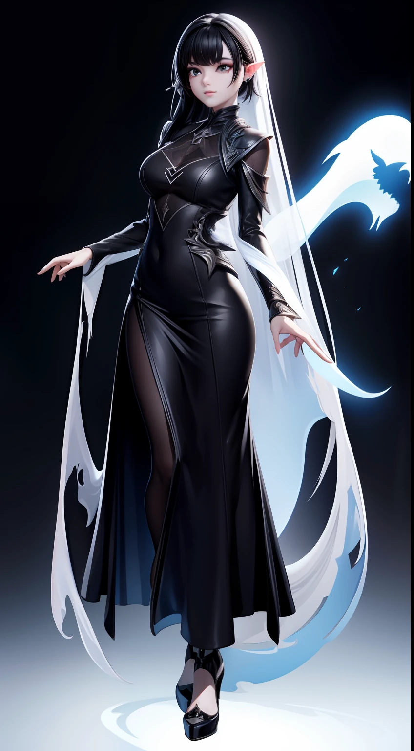 solo, super fine photo, full body photo picture Unreal Engine 5 8K UHD, beautiful girl, black hair, white thin dress, female ghost, banshee, black eyes with black tears, flying ghost, fantasy theme, fantasy design, beautiful make up, best quality, masterpiece, unified 8k wallpaper, super detailed, sharp focus.