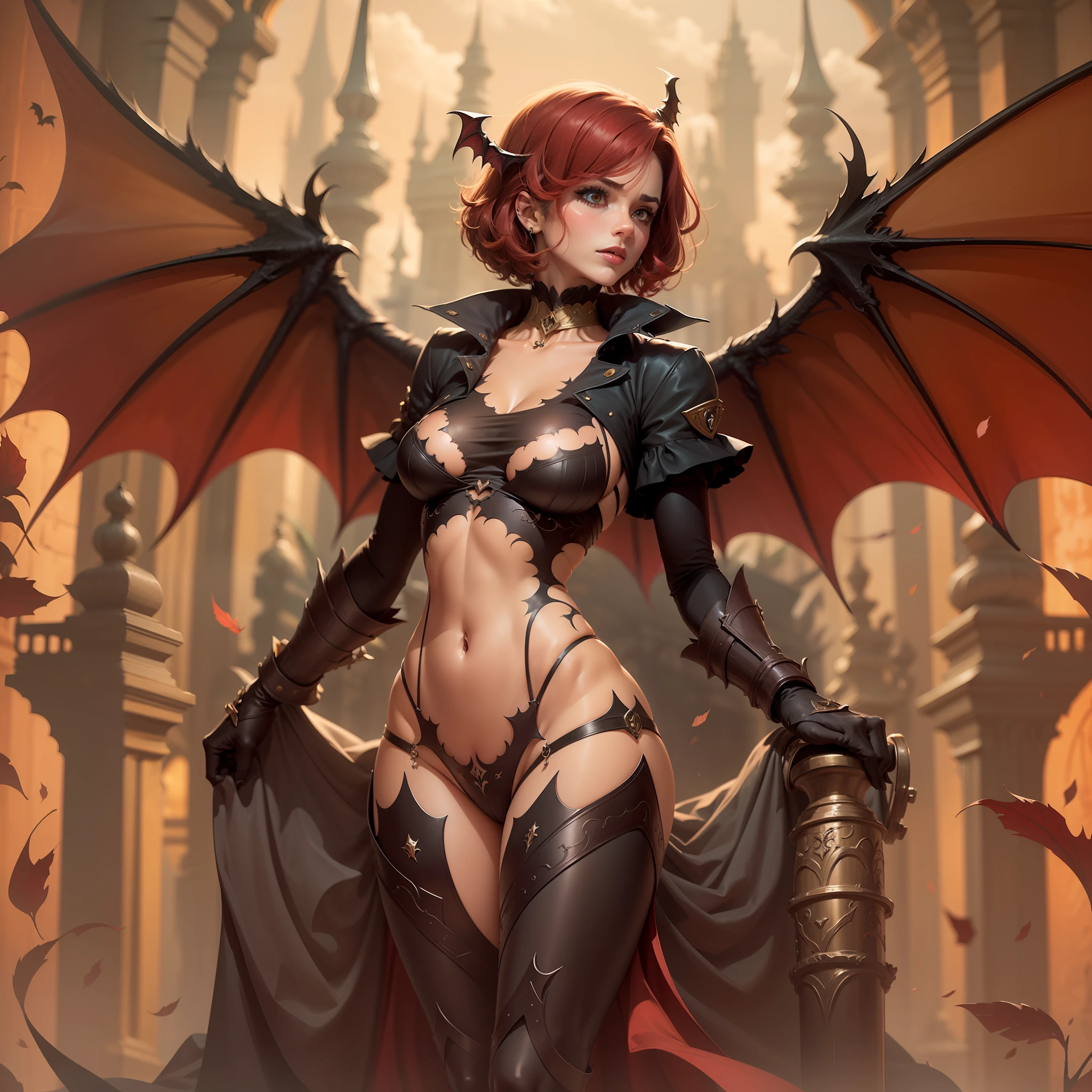 1 menina, succubus, castlevania, (((cabelo curto))), (((short hair)))), cabelo vermelho, ruiva, cabelo liso curto, asas de morcego, asas grandes, big bat wings castlevania, 30 anos, espartilho preto, look of malice, olhar SENSUAL, corpo exposto, mostrando corpo, espartilho de couro preto, bem decotado, decote bonito