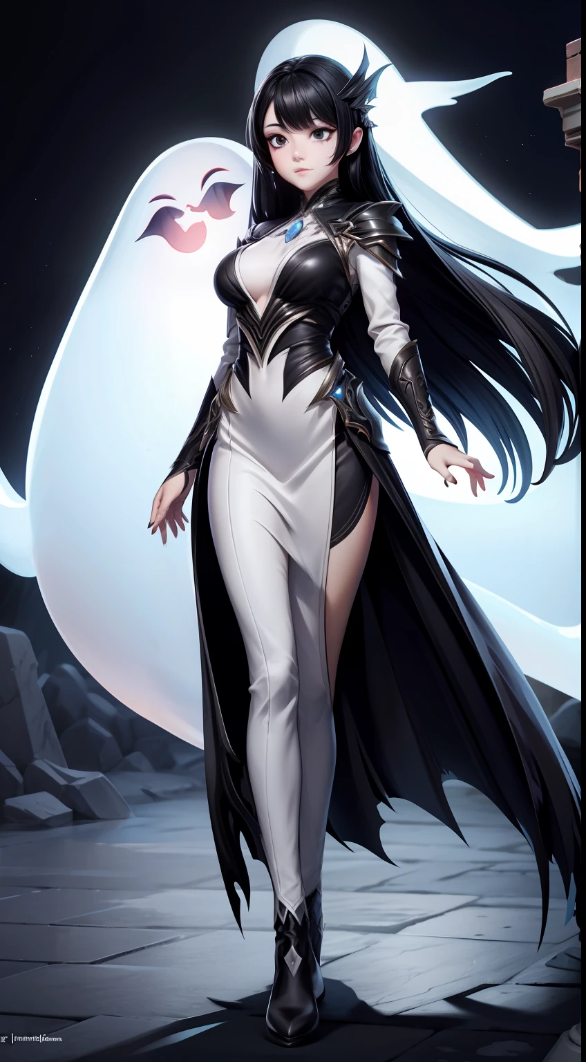 solo, super fine photo, full body photo picture Unreal Engine 5 8K UHD, beautiful girl, black hair, white thin dress, female ghost, banshee, black eyes with black tears, flying ghost, fantasy theme, fantasy design, beautiful make up, best quality, masterpiece, unified 8k wallpaper, super detailed, sharp focus.