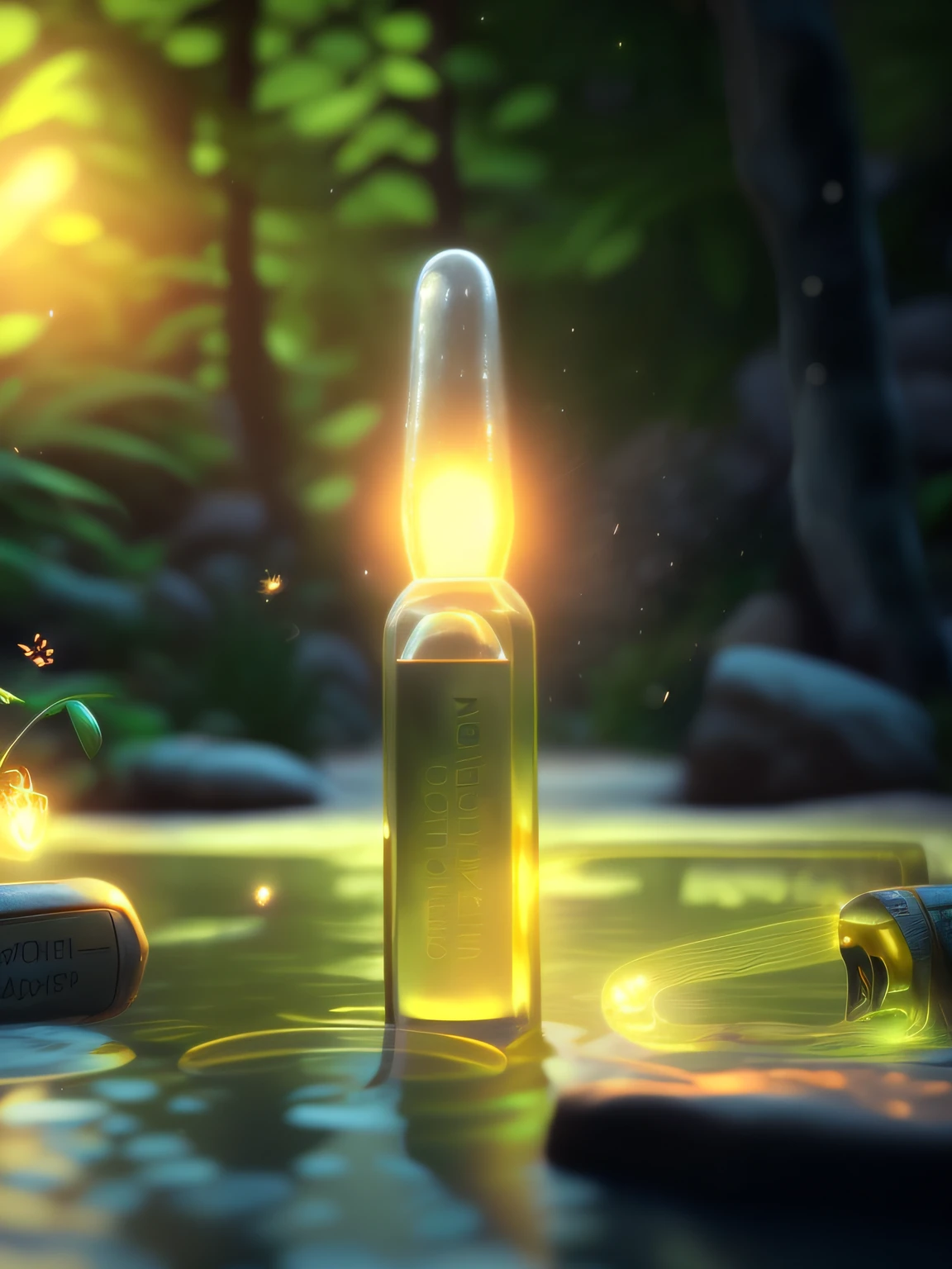 Masterpiece, best quality, (very detailed CG unity 8k wallpaper), (best quality), (best illustration), (best shadows), glow sprite, with a glowing deer, in the swimming pool Drinking water, natural elements in the forest theme. Mysterious forest, beautiful forest, nature, surrounded by flowers, delicate leaves and branches surrounded by fireflies (natural elements), (jungle theme), (leaves), (twigs), (fireflies), (particle effects) etc. 3D , Octane rendering, ray tracing, super detailed --v6