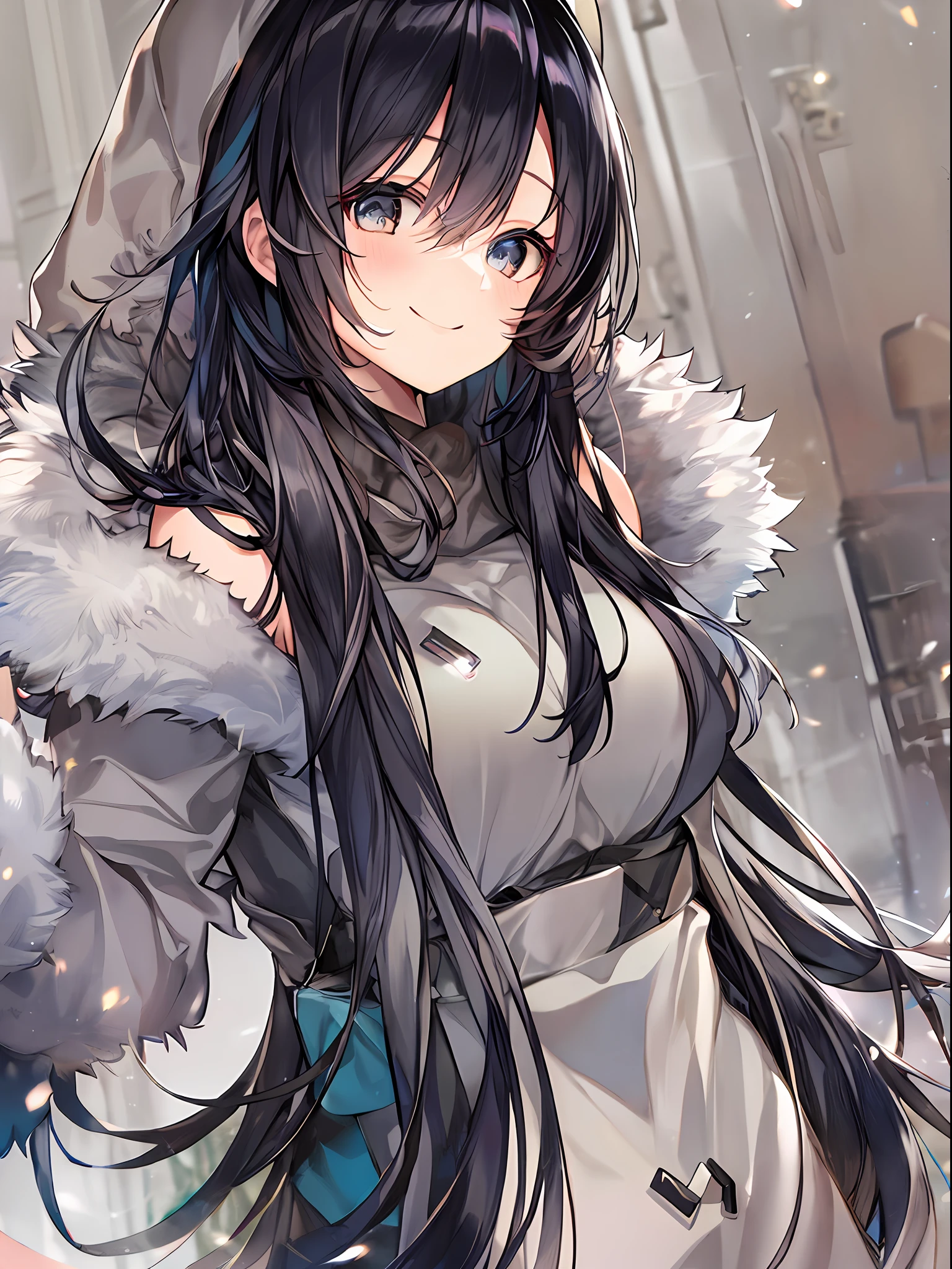 1 girl with shoulder-length black hair, hair covering her eyes, wearing a gray hooded top, mink girl, mink ears, mink tail, holding a mink, smiling, bright smile