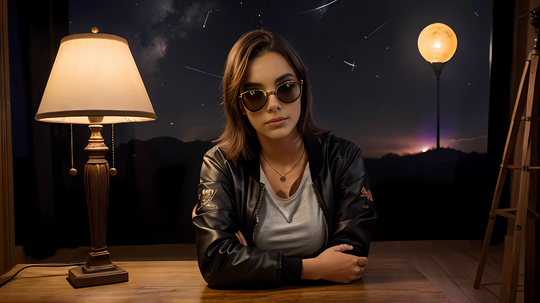 garota jovem de 25 anos de idade,  is wearing dark glasses, front view, wearing a jacket, mhtv written on your jacket, with his arms on a table, the table has a lamp and decorative astronomy objects, he is in a dark room decorated with an astronomy theme, the photo it's ultra realistic, 8k, red lights effects