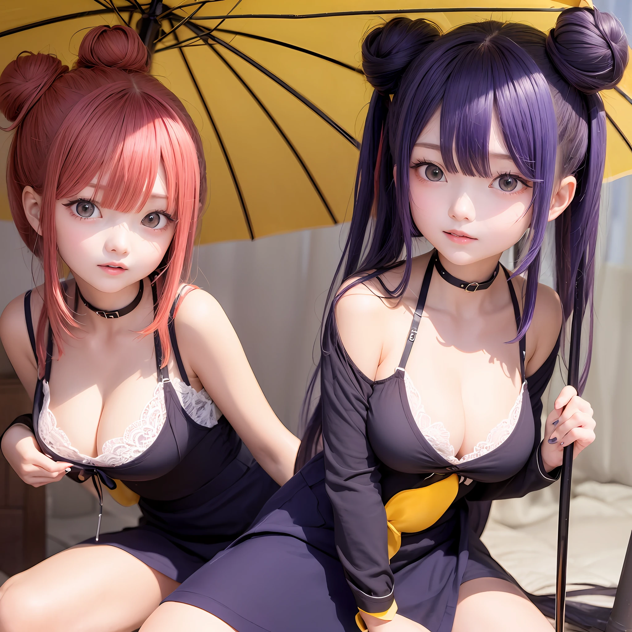 The upper part of the body、1人、Red-haired、Bun hair、lounging、Purple Eye、Formal Blazer、a short skirt、cleavage of the breast、off shoulders、Holding a parasol、Japan anime-style odd-eye, rain falling