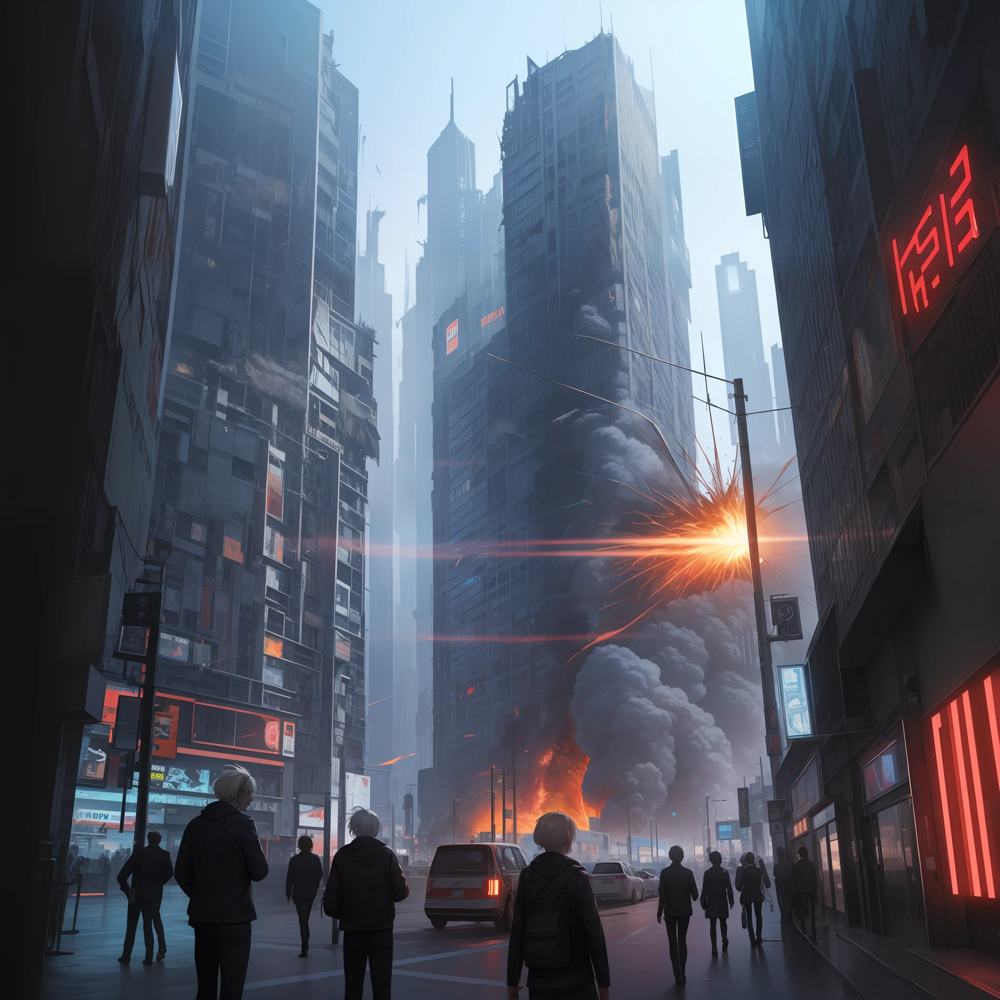 albert einstein,smokeing,Wear the cyberpunk magic mirror,Behind it are high-tech high-tech buildings that explode,Overall cyberpunk style --auto