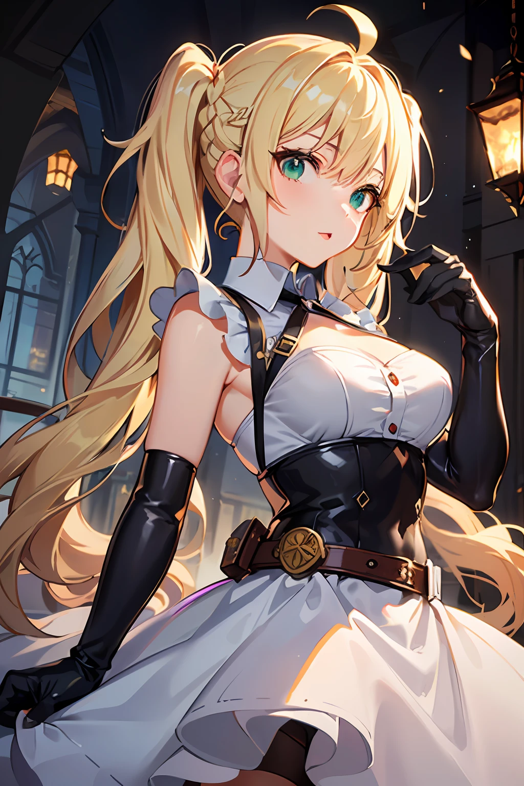 (NSFW:1.2)(amazing photography :1.2)(Beautiful face)(Petite:1.4 ), ((Blonde hair:1.4),Wavy hair, Hair Between Eyes, (low twintails:1.4), Braids,side locks, Ahoge, flipped hair ),(Green eyes:1.2) ,Steampunk, (London street fashion:1.1)engineer,(white sleeveless sundress:1.4), Belt, Bracelet , (Leather gloves:1.4)(tighstrap)(Looking up:1.2) ,Cowboy Shot,(Dynamic Angle, (close to viewer:1.2), Focus Face, fish-eye lens,(Castle room)),(hands on own face)(frisky:1.2)