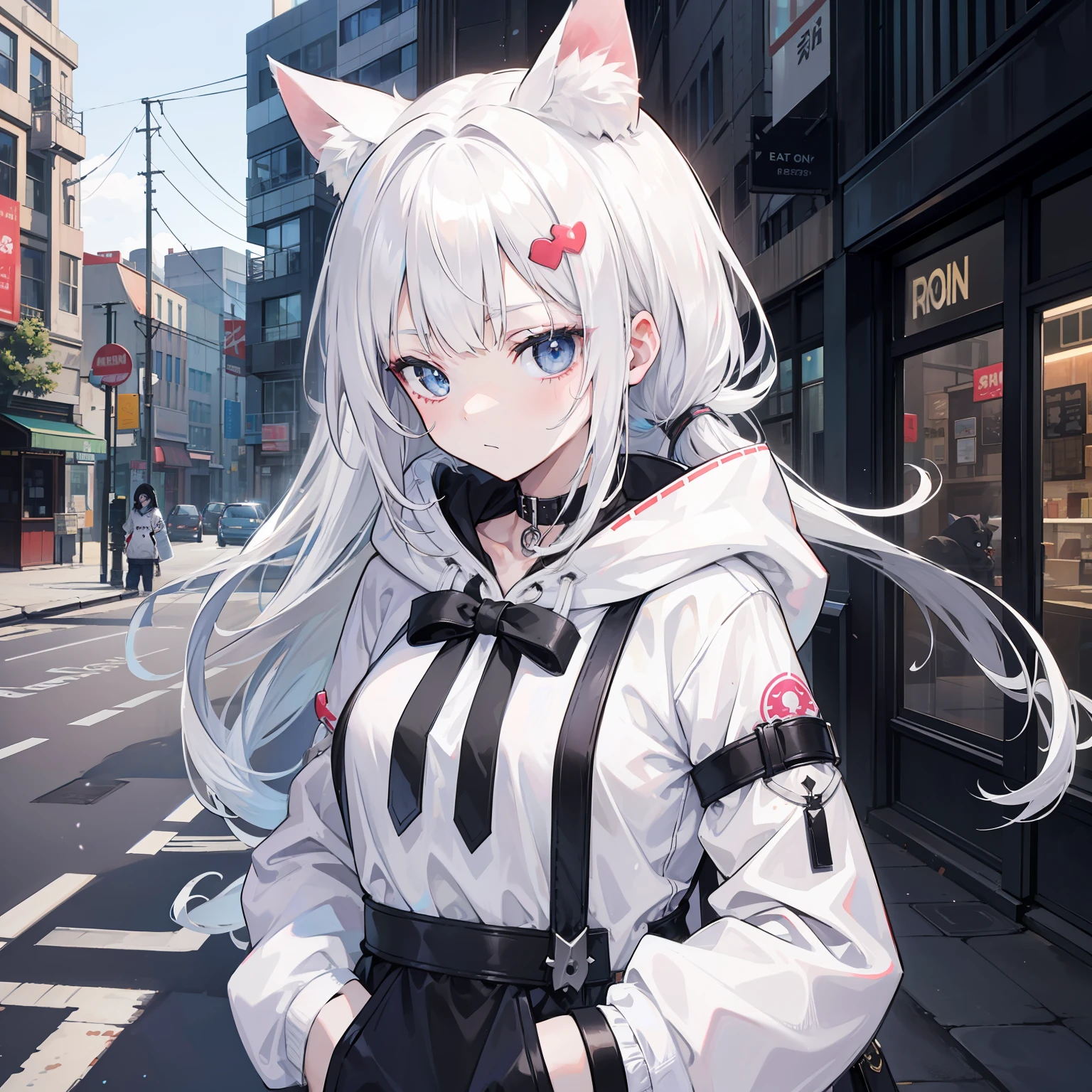 1girll, Breast in,stitched face, patchwork skin, Closed mouth, Long_Hair, face expressionless,City,street, White hair, ,stitched_face,Patchwork_skin,Cowboy shot,( Hoodie),(Hand in pocket),Open white coat，Inside, she wears short black sleeves with a love motif on them，cat ear，In the daytime
