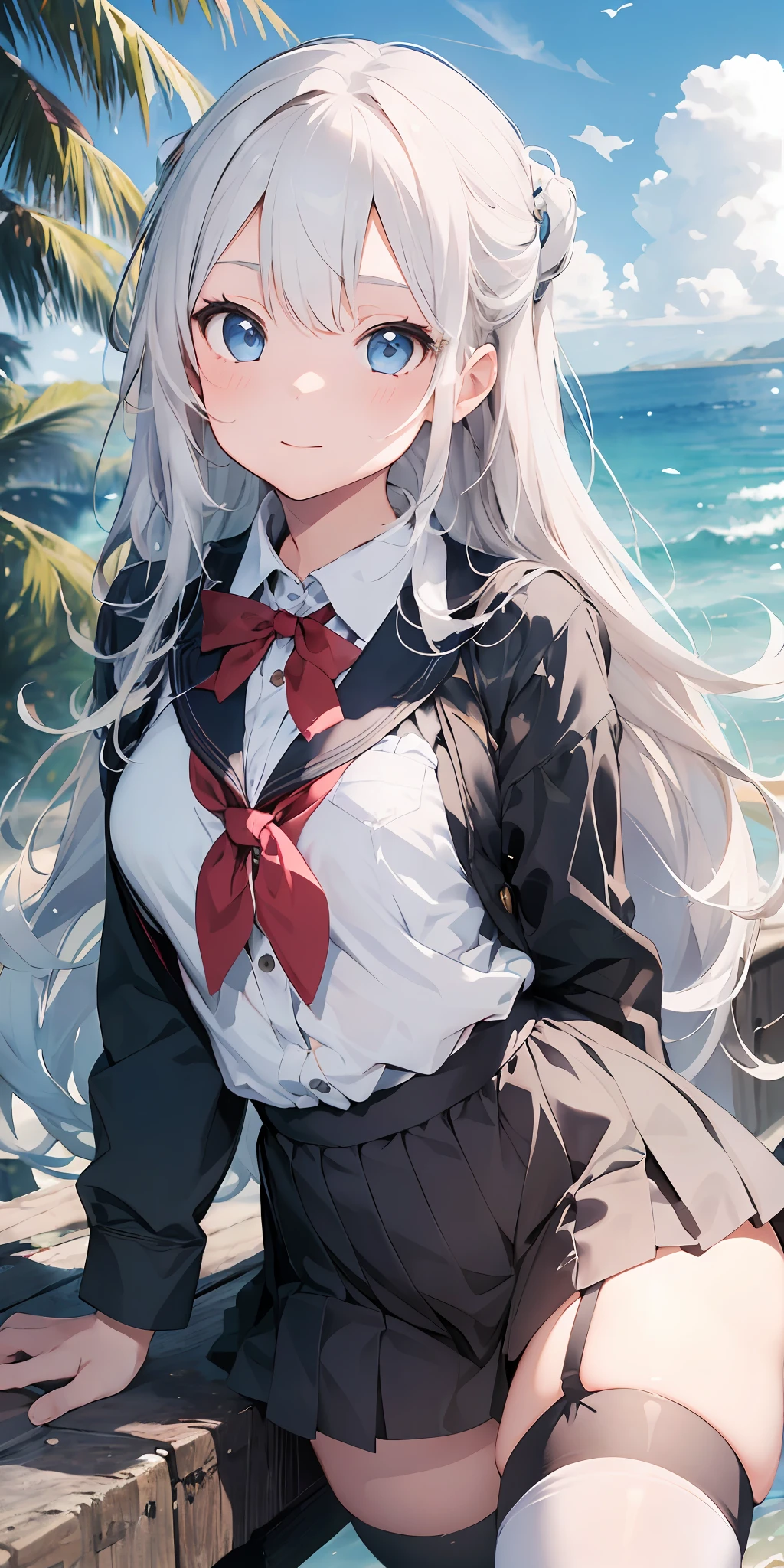 1girl, beautiful detailed eyes, long white hair, light blue eyes, school uniform, high white stocking, lustrous skin, seaside, beach, waves, high contrast, ((masterpiece, best quality))