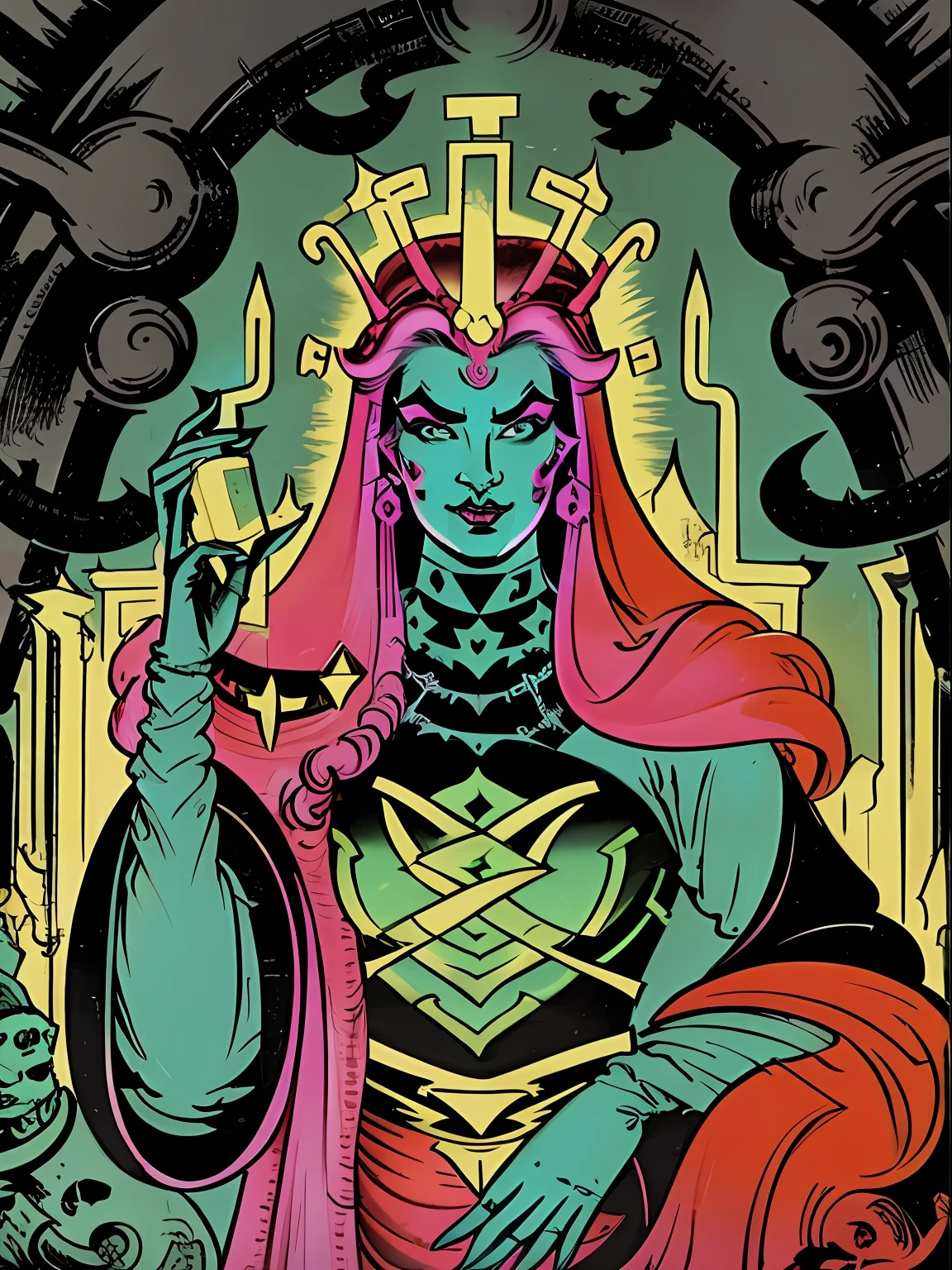 A beautiful aesthetic theme icon villain of female evil, cores neon, vetor, storybook illustration art, hiper detalhes, Supervillain aesthetics, foco nítido, Denoise, 8k, estilo de arte de desenho bonito, Arte Digital