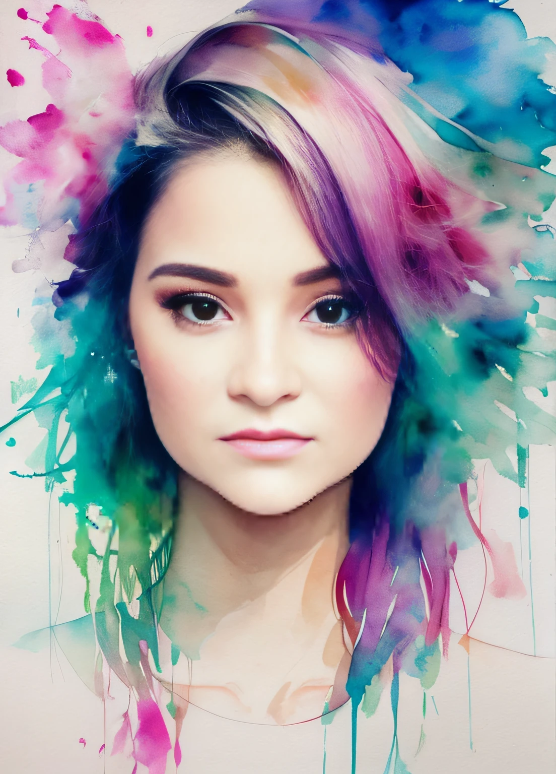 uma mulher, arte estilo agnes cecile, design aquarela, pastels colors, pingos de tinta, fundo branco, highes definition, cabelo aquarela bonito