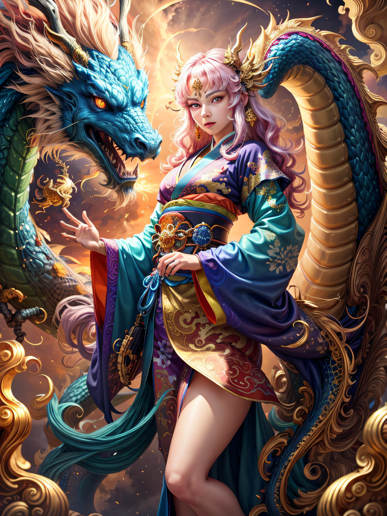 1 Beautiful girl, Beautiful rainbow color kimono, masterpiece, golden chinese dragon surrounded by gold dust, wind, god, long wavy body, fangs, fantasy, myth, high quality, highly detailed, masterpiece, epic, particle effect, dynamic effect, eyes are crystal, luck up, background gold, money luck rise, gold, sunrise, sun, one head, realistic, one dragon god, eyes are white, background is golden