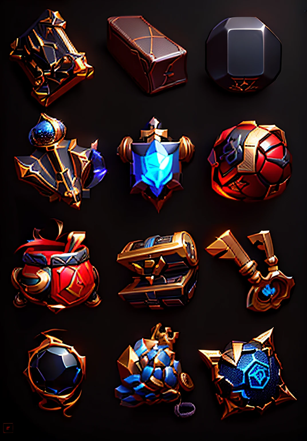 a close up of a bunch of items on a black background, game icon asset, game assets, mobile game asset, 3 d icon for mobile game, game icon stylized, game icons, game asset, video game assets, detailed game art, item art, stylized game art, game asset occult, rpg game inventory item, magical items, asset pack --auto