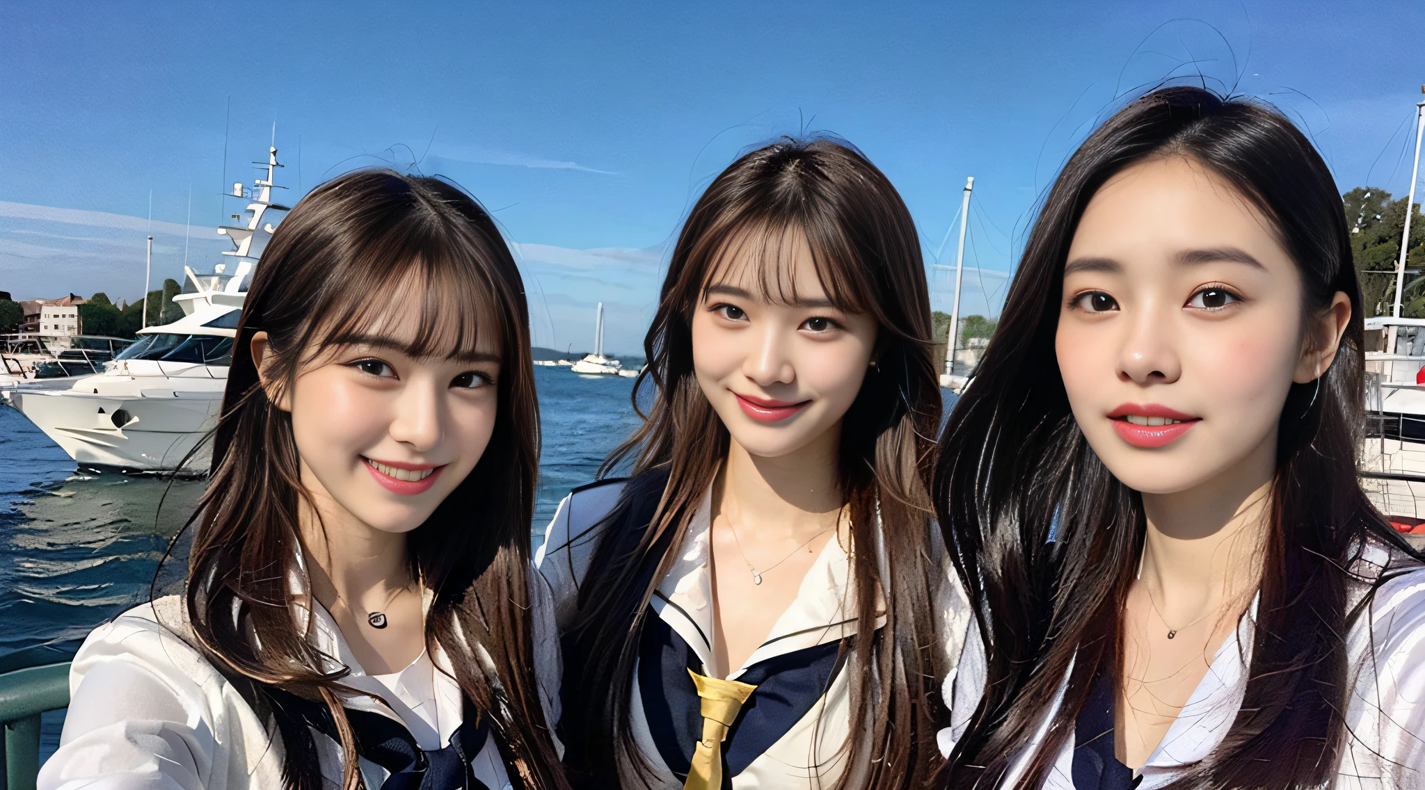 (8K、Raw photography、top-quality、​masterpiece:1.2)、ultra-detailliert、ultra res、(realisitic、Real Photographics:1.47)、（I enjoy fishing out to sea by boat）Above the sea、High school girl with fishing rod、Fishing、fishing rod、Full of heart、Heart pattern（Fantastic lighting）head to waist、、de pele branca、Fair-skinned female proofreading、An ultra-high picture quality、、Beautiful female proofreading reflecting in light、amazing detailed、Beautiful girls in very detailed、Faces with different patterns、Different face patterns、Each hairstyle has its own characteristics、Farbe々Hairstyle、Farbe々Hair color shining with clean light、I enjoy fishing on a boat、Brown hair shining in the light、One has a ponytail、、Modern cute high school girl、very detailed faces very detailed eyes、Very realistic skin、 extremely detailed fingers, highly detailed nose, highly detail mouth, perfect anatomia, Highly detailed sailor suit、、The details of their hair and uniforms shine through、Burning teeth and smiling、Realistic body, de pele branca, glistning skin, Slim body,  Long straight hair, (Blunt bangs:1.2), , nixeu and sakimichan, TWICE, Seifuku, sakimichan, JK Uniform, wearing japanese school uniform, promo still, Larisa Manobal, Japan school uniform, japanese girl school uniform, alena aenami and lilia alvarado