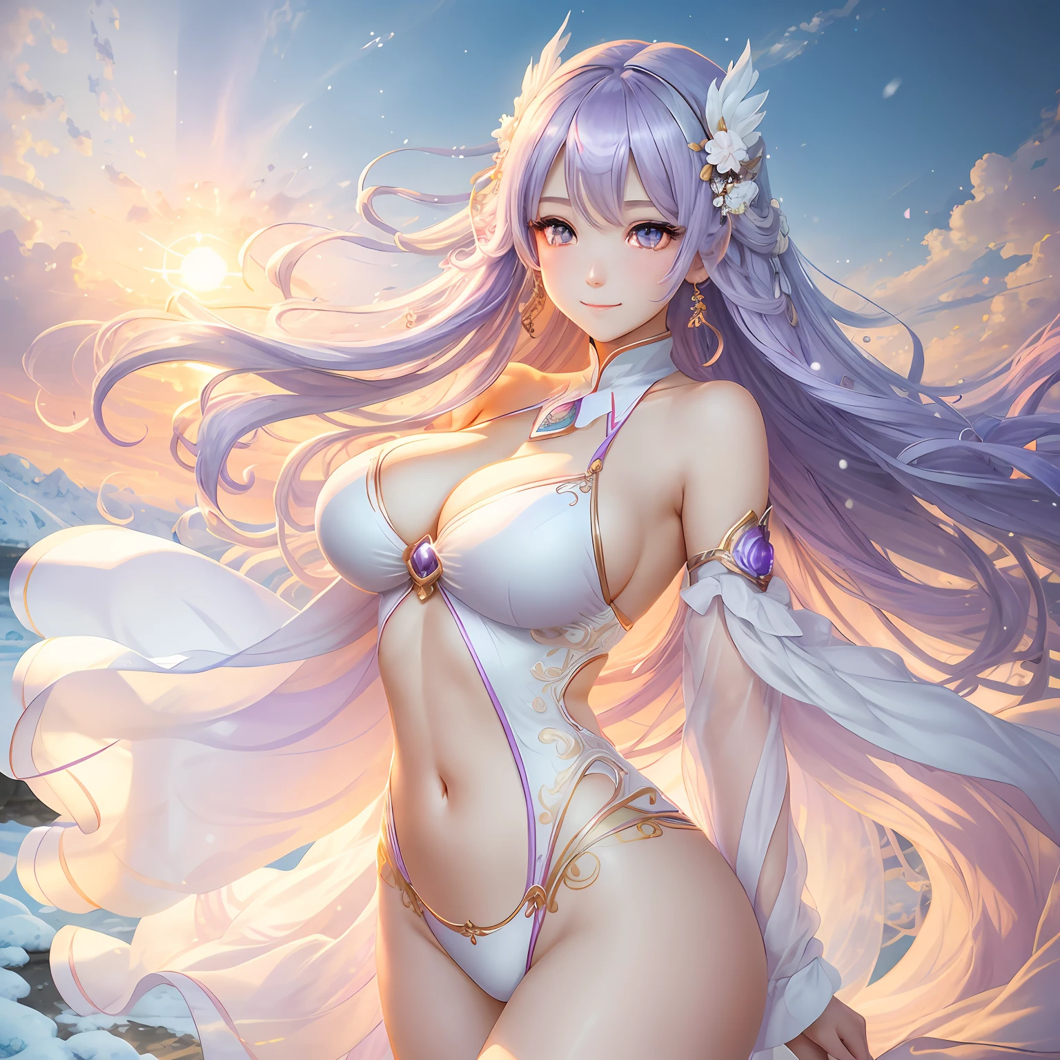 tmasterpiece,best qualtiy,cinematic Film still from,1girl,Cloud Girl,Floating in the sky,closeup cleavage,brightly,cheerfulness,Warm and soft lighting,the sunset,(spark of light:0.7),8k,Portrait of a beautiful cyborg with purple hair, Wear white shrine clothes,full bodyesbian, morning, Hair accessories, Beautiful light purple hair, Beautiful orange eyes, ((beautidful eyes)), long whitr hair, hair adornments, Light smile,复杂, ellegance, highly detailed, A majestic, digital photography, ((tmasterpiece)), ((best qualtiy)), (ultra - detailed), Illustration 3, Snow effect, shiny, brokenglass, (tmasterpiece, Sideslit, Fine beautiful eyes: 1.2), HDR,Large breasts,plumw,ass big,Large of breast,areola of breast,ass big,Slender and coordinated legs。 --auto