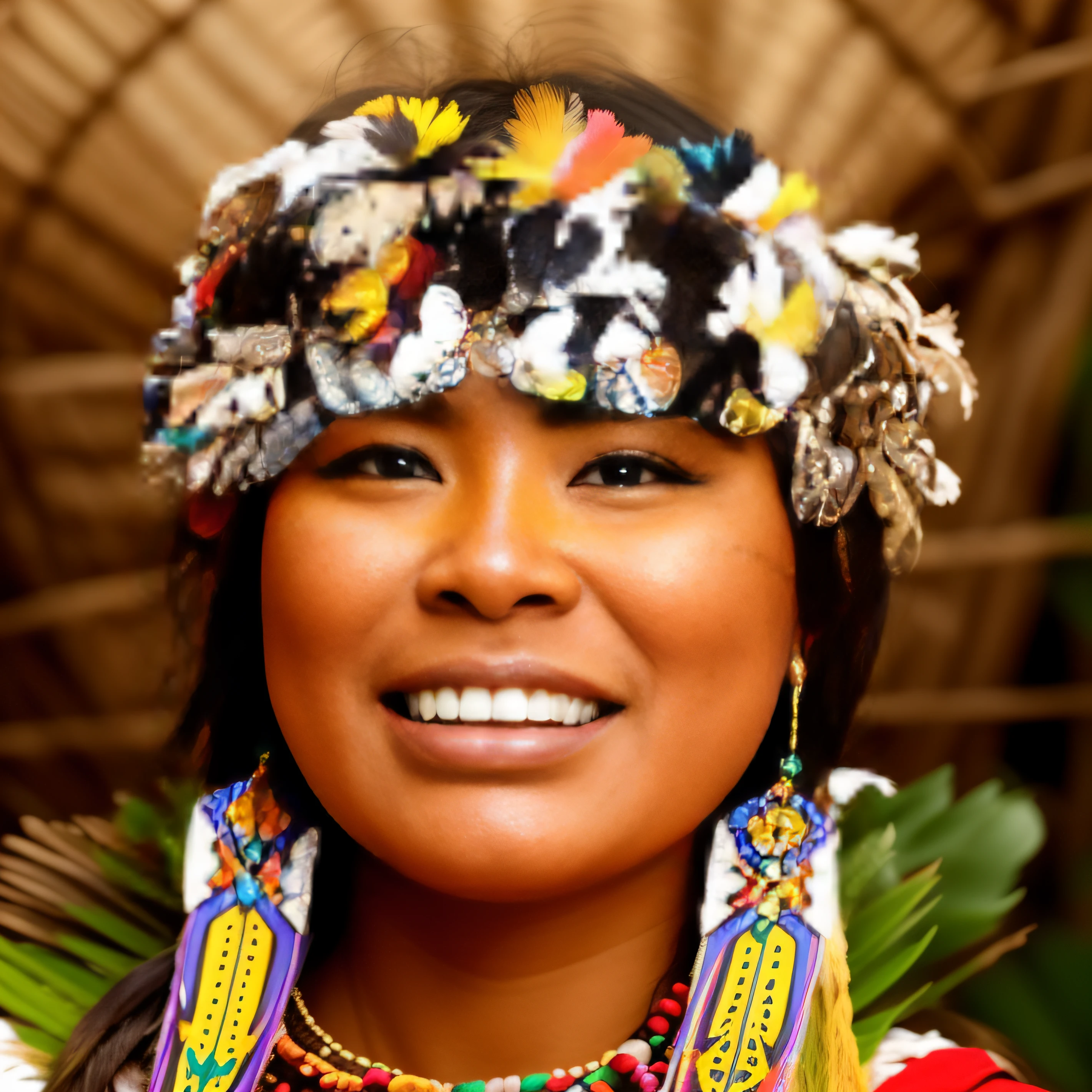 Arafed woman with painted face and feathers on her head, amazon indian peoples in brazil, a young female shaman, beautiful young female shaman, Indigenous, wearing authentic attire, Retrato de uma jovem Pocahontas, maquiagem tradicional, foto de retrato, marcas tribais faciais, pintura facial tribal, maquiagem tribal, marcas no rosto, olhar alegre, usando tinta de guerra