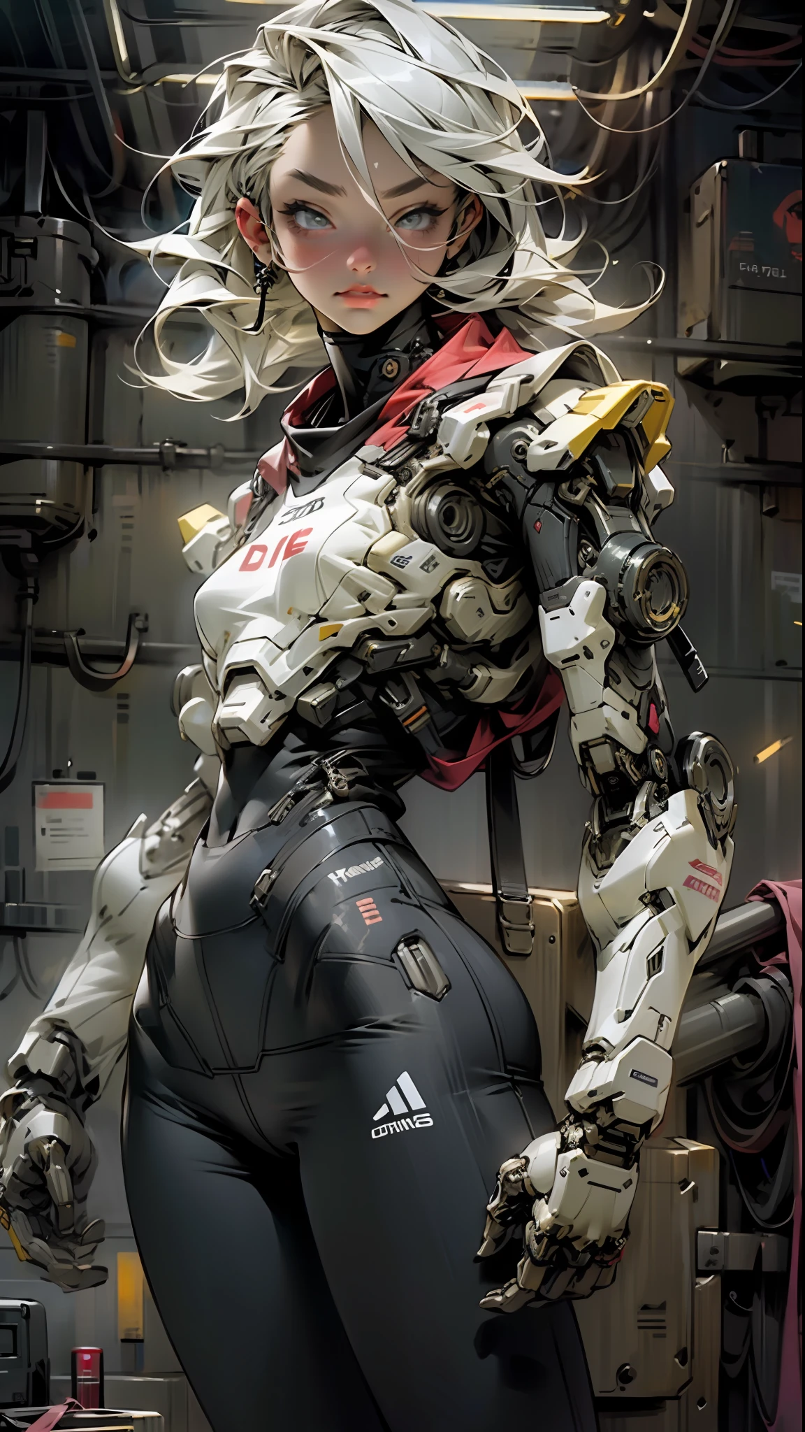 Beautiful cybernetic girl looking at camera underwear detailed muscles realistic masterpiece dynamic poses