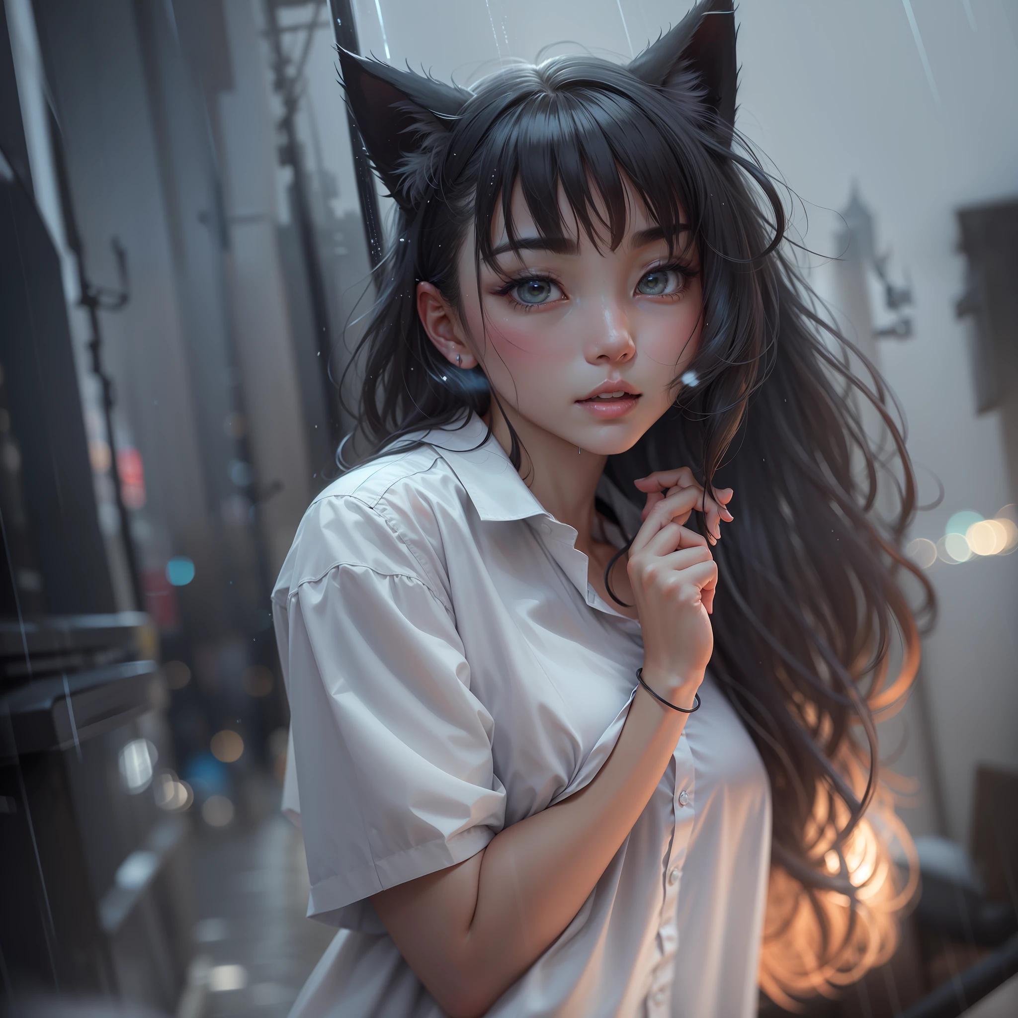 (8k,RAW photos,High light sensitivity,best qualtiy,tmasterpiece,超高分辨率,fidelity:1.25),full bodyesbian,Cat ears,black in color,(the night),rained,taking a walk,City lights,delicated face,Soaked white shirt