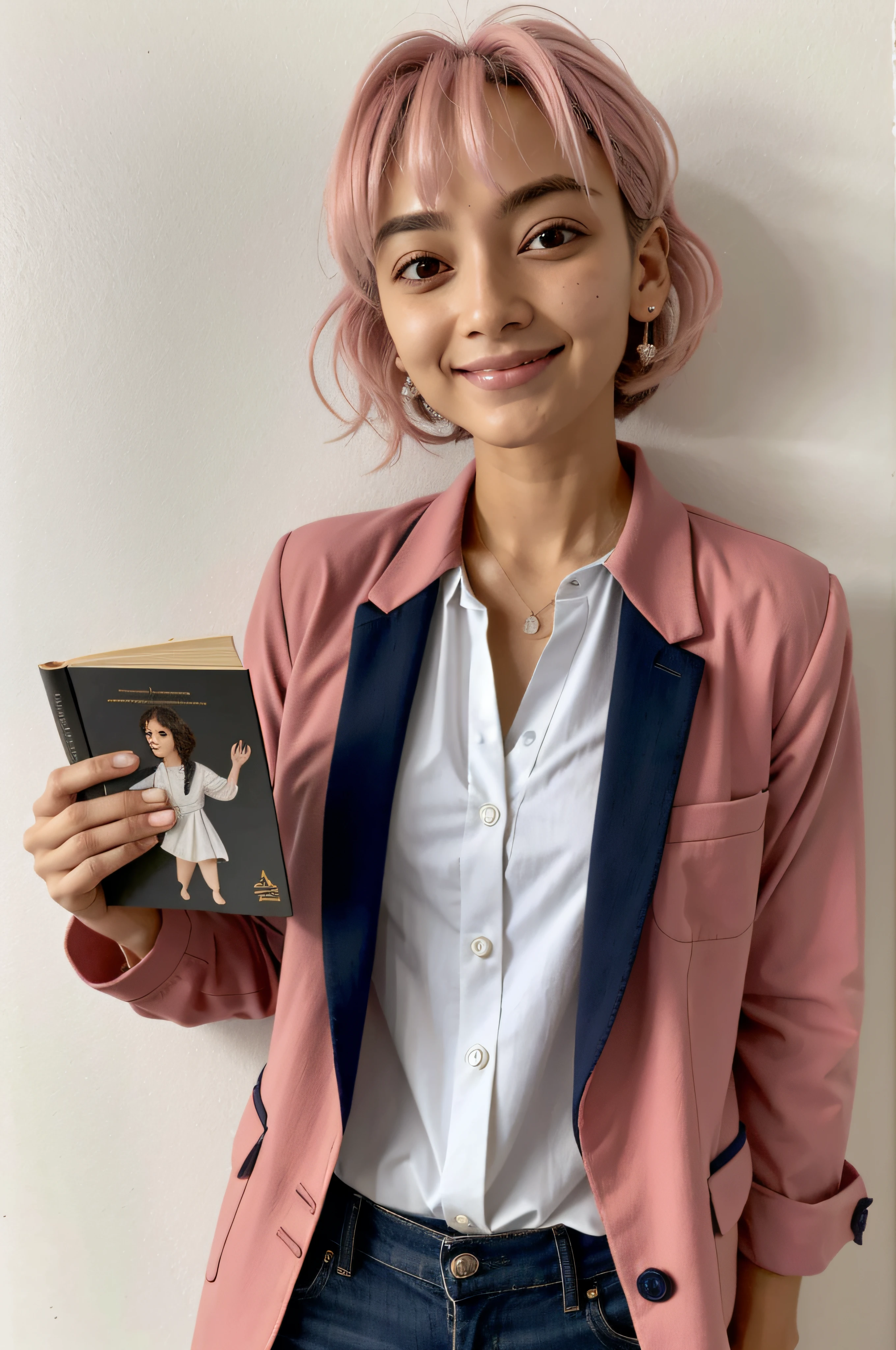 master part, best quality, absurdos, antomia perfeita, 1girl, sozinho, Akagi Towa, cabelos longos, cabelo rosa, franja separada, ao ar livre, Saia xadrez, Blazer, Camisa Vestida, Uniforme escolar, sorrir, :d
