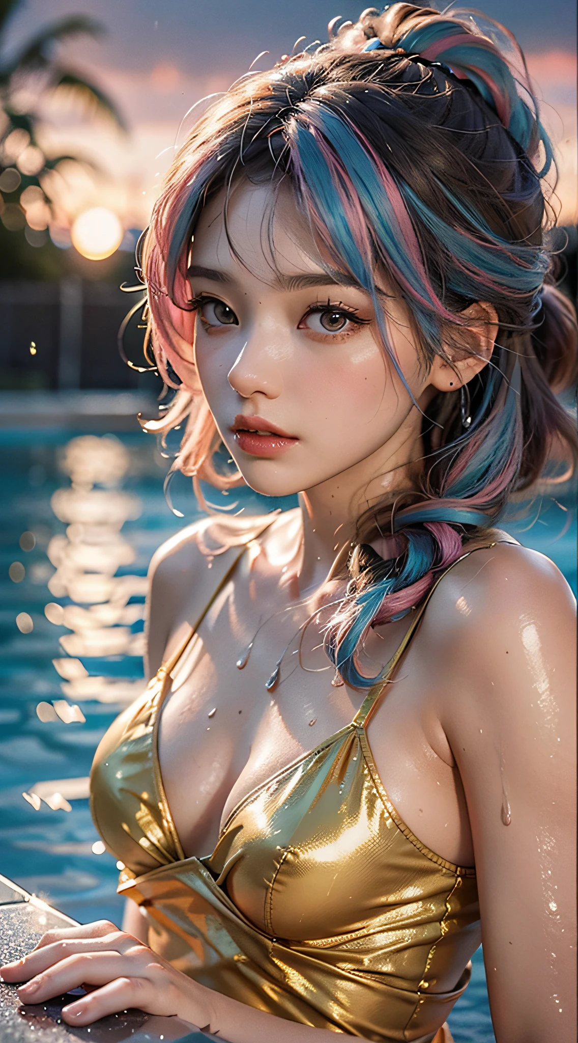 (best qualtiy,4K,tmasterpiece:1.3),Beutiful women,hyper realisitc,1girll,,sit-ups:1.1,dark brown hair:1.1,(Wet rain,Rain wet 0),Super detailed face,Detailed lips,Detailed eyes,二重まぶた,Side posture,poolparty,lying at the pooledge,golden transparent dress,Blue and pink hair,the sunset