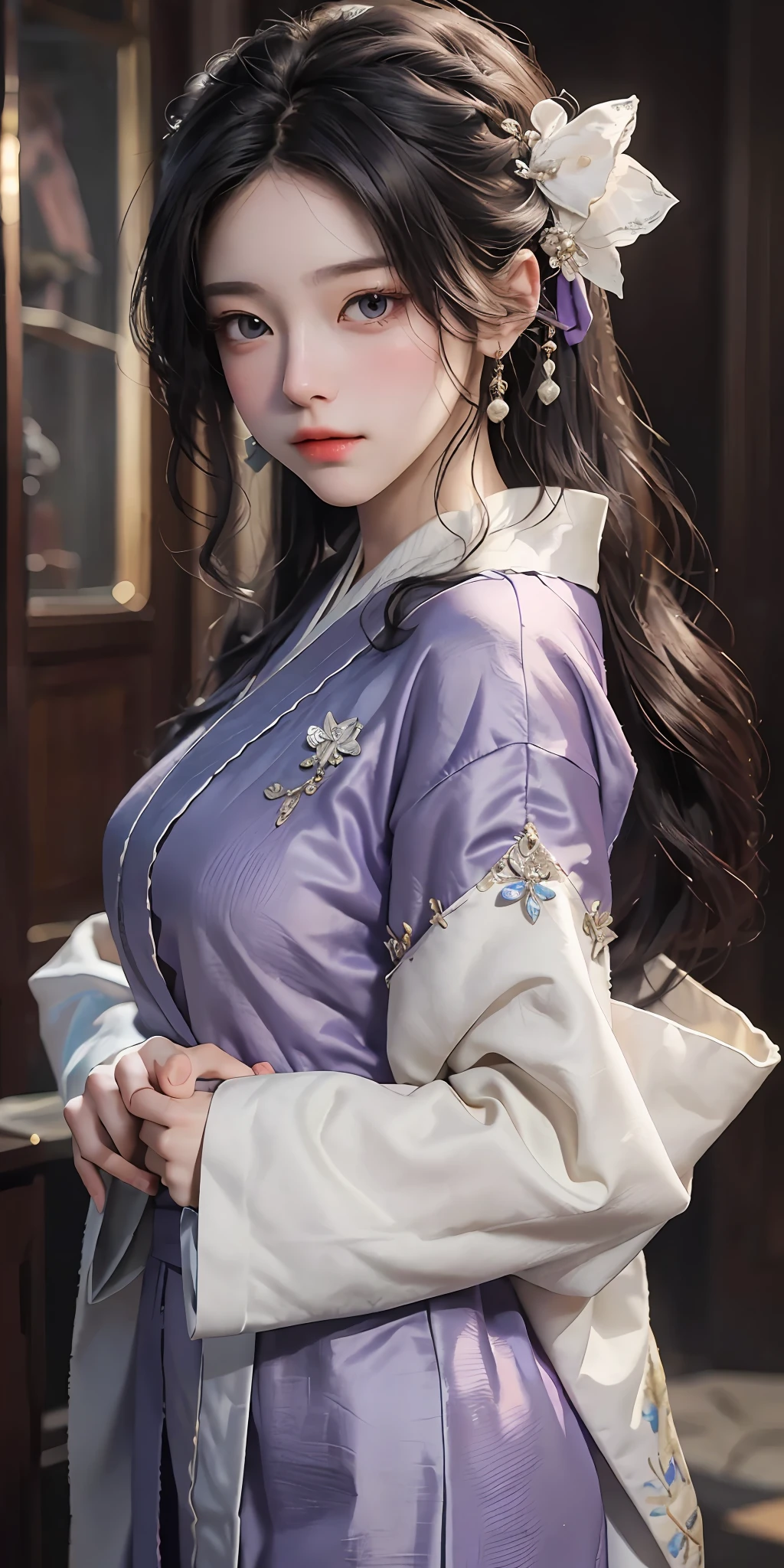 there is a woman in a purple dress posing for a picture, ((wearing aristocrat robe)), inspired by Sim Sa-jeong, cute elegant pose, kawaii realistic portrait, soft portrait, 8k)), portrait c 12.0, portrait c 1 2. 0, inspired by Ma Yuanyu, sakimichan, in pastel colors