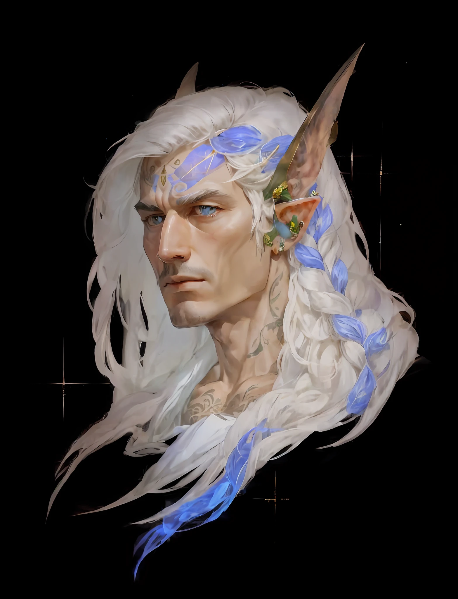 The elf is a tall, slender and elegant being with long blonde hair and bright green eyes. On his fair skin, there are tattoos in the form of sigils of knowledge, which represent his wisdom and skill in magic. He is calm and serene, always watching closely what is happening around him. His presence conveys a sense of peace and tranquility, and his voice is soft and melodic. He is a dedicated scholar, always in search of new knowledge and mysteries to unravel. --auto --s2
